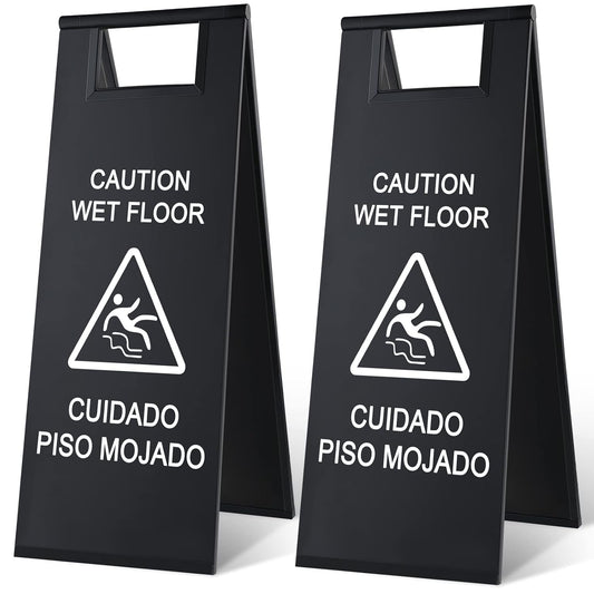 Kigley 2 Pcs Wet Floor Sign, 24 Inch Stainless Steel Caution Wet Floor Sign Double Sided Portable Foldable Bilingual Safety Warning for Hotel Market Restroom Restaurant Office (Black)