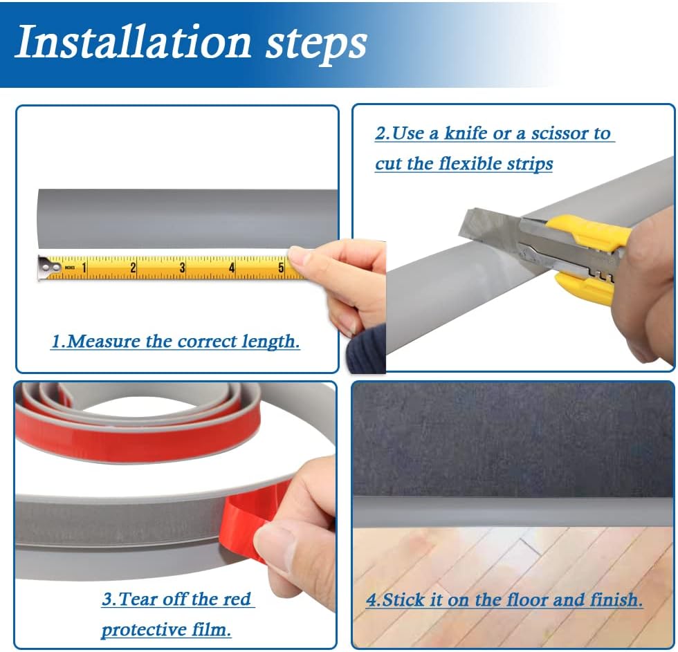 Floor Transition Strip Self Adhesive Carpet & Flooring Transitions Edging Trim Strip PVC Threshold Transitions Suitable for Threshold Height Less Than 3mm (3.3Ft, Gray)