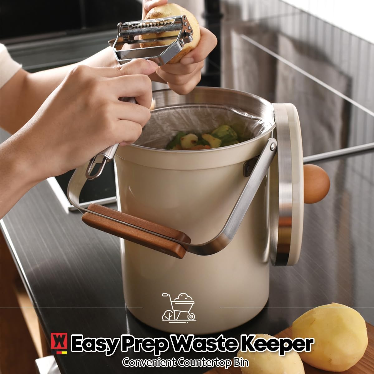 Kitchen Countertop Compost Bin 101ounces / 3Liters, Airtight Lid SUS304 Stainless Steel Odor-Free Food Waste Bin with Wooden Handle Stylish Design Bathroom Trash Can (Off-White)