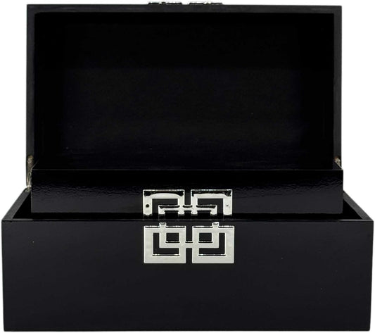 Galt International Storage Box Set Decorative Storage Box w/Hinged Lid Classic Design Wood Decor Boxes with Geometric Clasp Storage for Bedroom & Home - Set of 2 (Black & Silver)