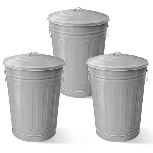 Plexon Round Trash Can 13 Gallon, Vintage Metal Outdoor Trash Can with Lid, Retro Farmhouse Garbage Container, Old School Modern Ash Bucket, Gray 3 Pack