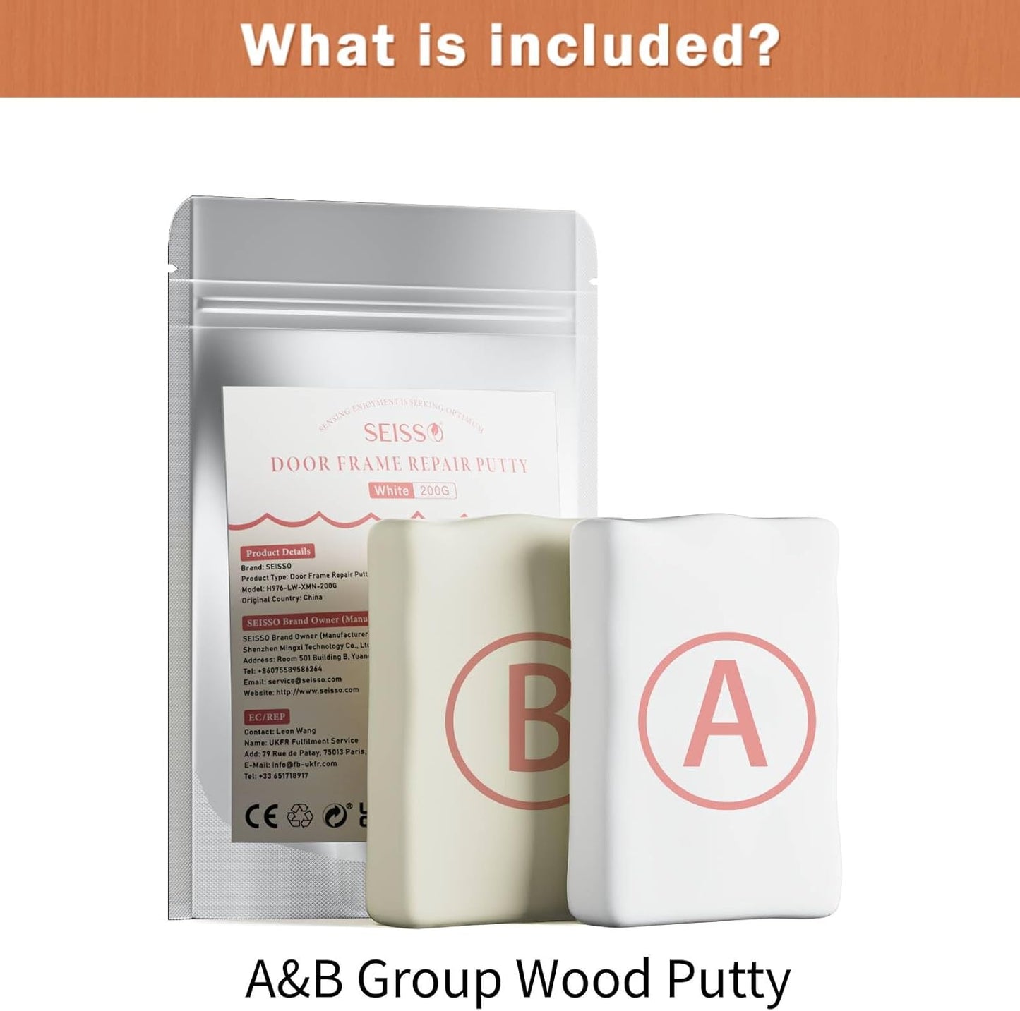 SEISSO Epoxy Putty Filler for Door Frame Repair, 200g/7.05 Oz Fast Repair AB Epoxy Putty, Wood Repair Putty for Cracks, Holes, Wooden Furniture, Cabinets & Composite Panels, Paintable & Stainable