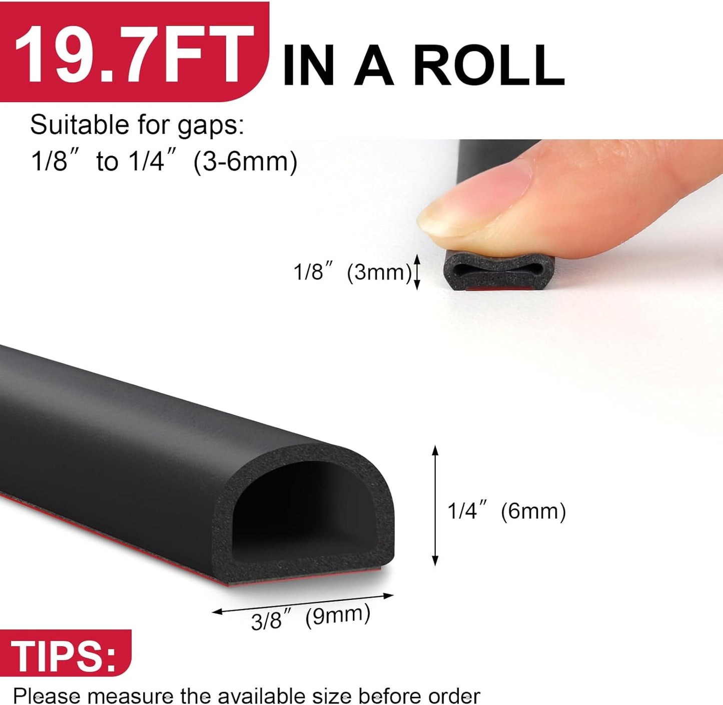 【New Upgrade】 Silicone Door Weather Stripping Door Seal Strip, 19.7 Feet Self-Adhesive D-Shape Door Insulation Strip for Door Frame& Window