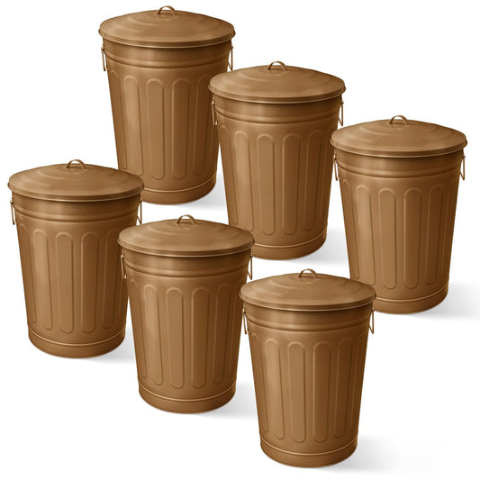 Plexon Round Trash Can 13 Gallon, Vintage Metal Outdoor Trash Can with Lid, Retro Farmhouse Garbage Container, Old School Modern Ash Bucket, Copper 6 Pack