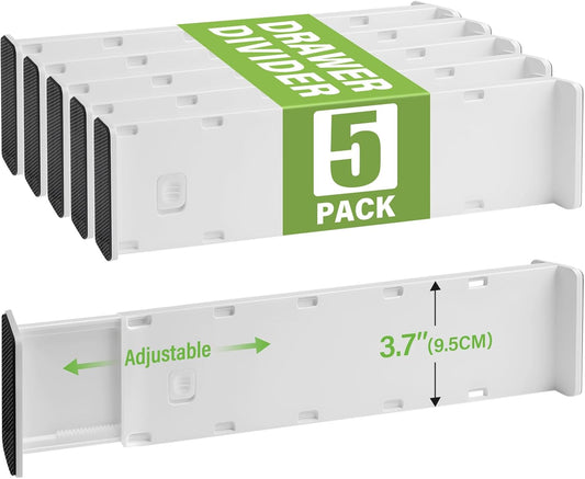 5 Pack Drawer Dividers 3.7" High Slim Organizers Expandable 14.8-25.6" Adjustable Separators for Shallow Drawers Kitchen Utensils Baby Clothes Underwear Storage-White(Long)