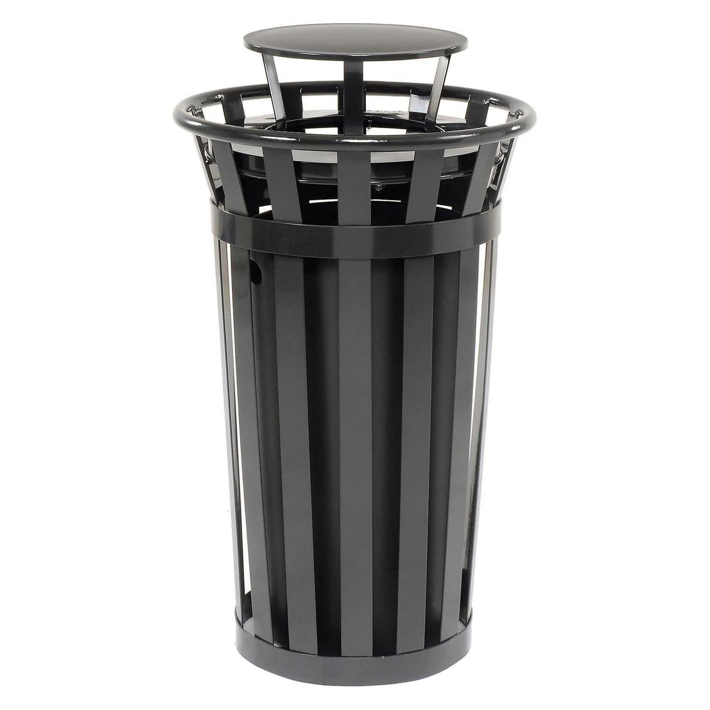 Global Industrial 24 Gallon Heavy-Duty Outdoor Metal Slatted Round Trash Receptacle with Rain Bonnet Lid, Powder Coat Finish, 23" Diameter x 41-3/4"H, Black