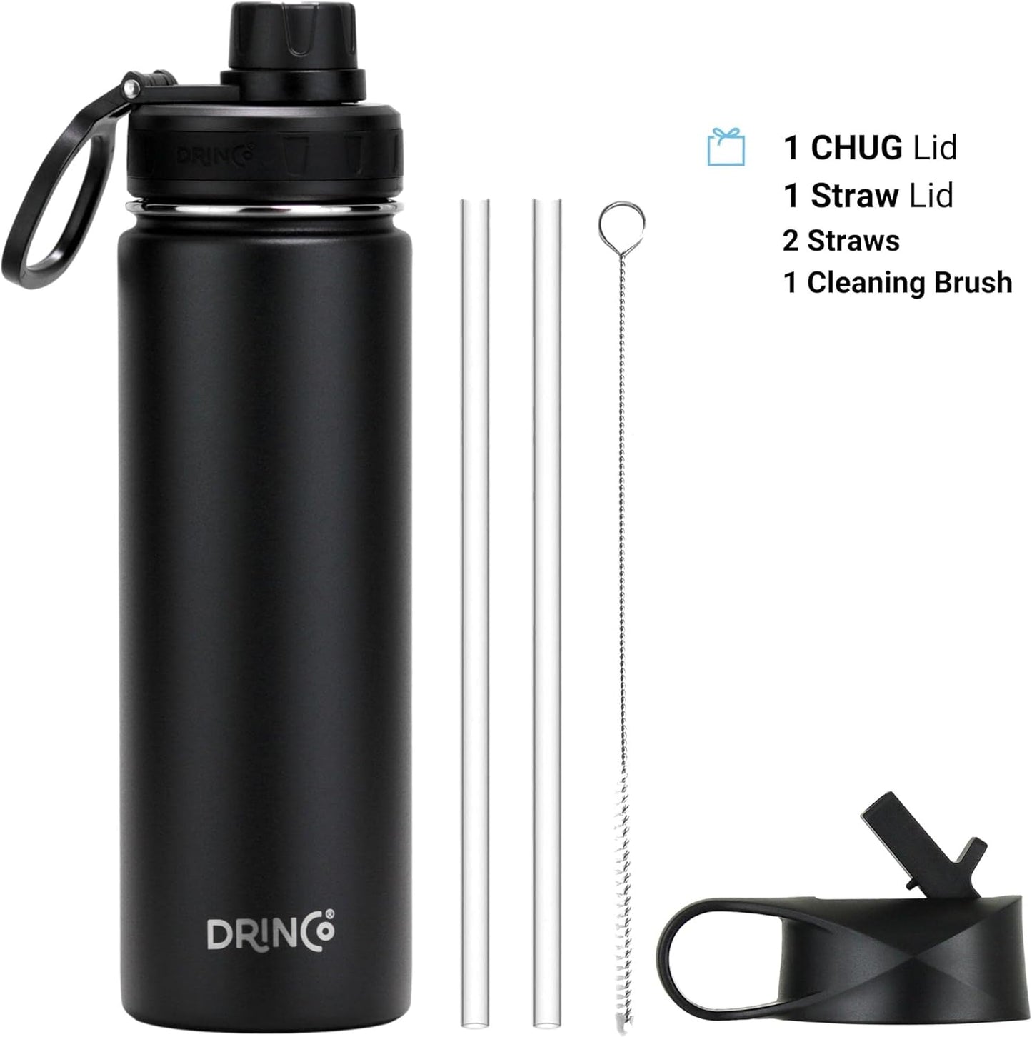 Drinco Stainless Steel Water Bottle Spout Lid Vacuum Insulated Double Wall Water Bottle Wide Mouth (40oz 32oz 22oz 18oz 14oz) Leak Proof Keep Cold Sport Camping Hiking (22 oz, 22oz Black)