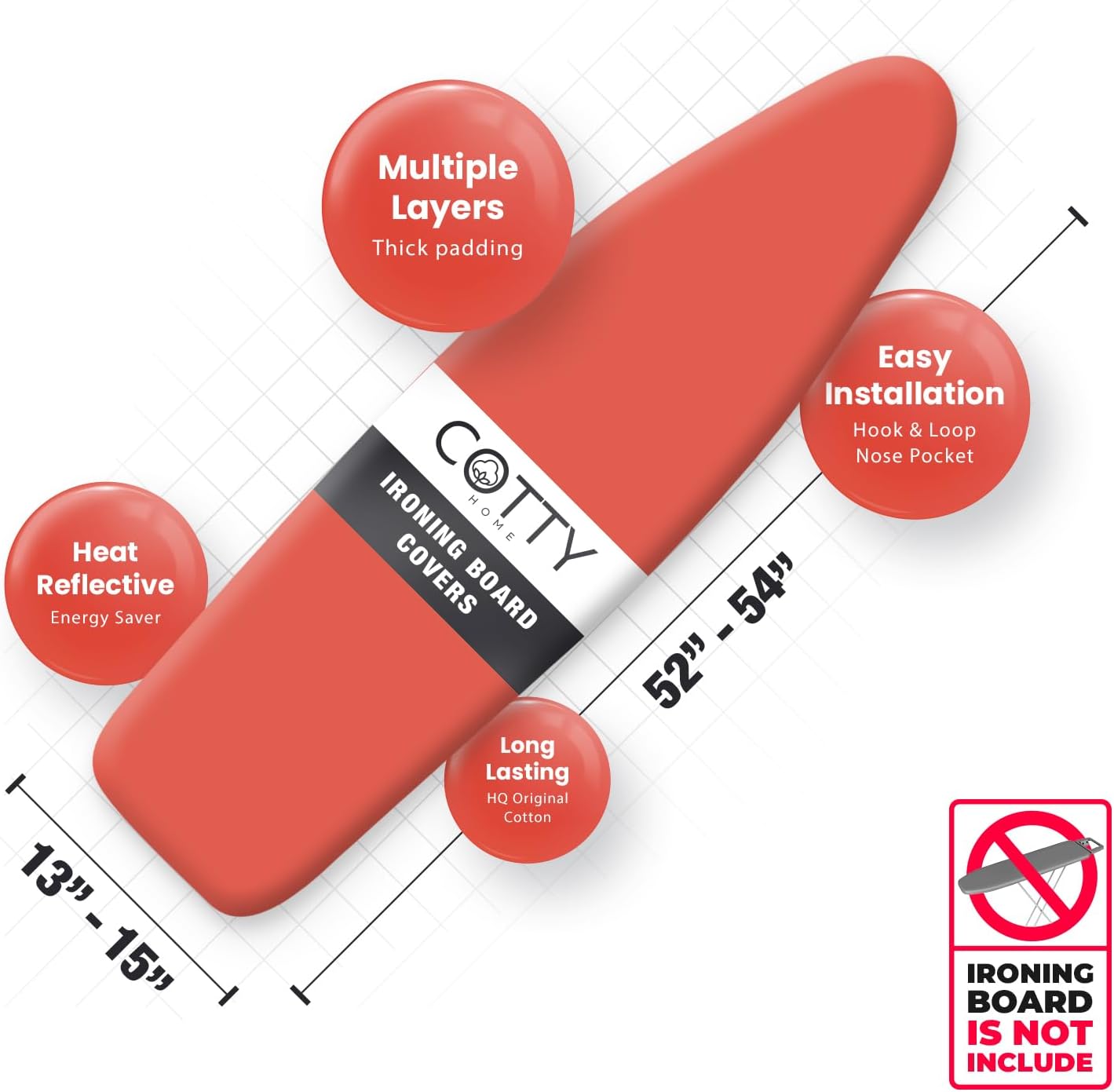 Extra Thick Ironing Board Covers with Pad Standard Size 15x54, Heat Reflective Full Scorch Resistant Padding, Snug Fit Non-Slip Nose Pocket Fastener Straps Elastic Edges, Orange