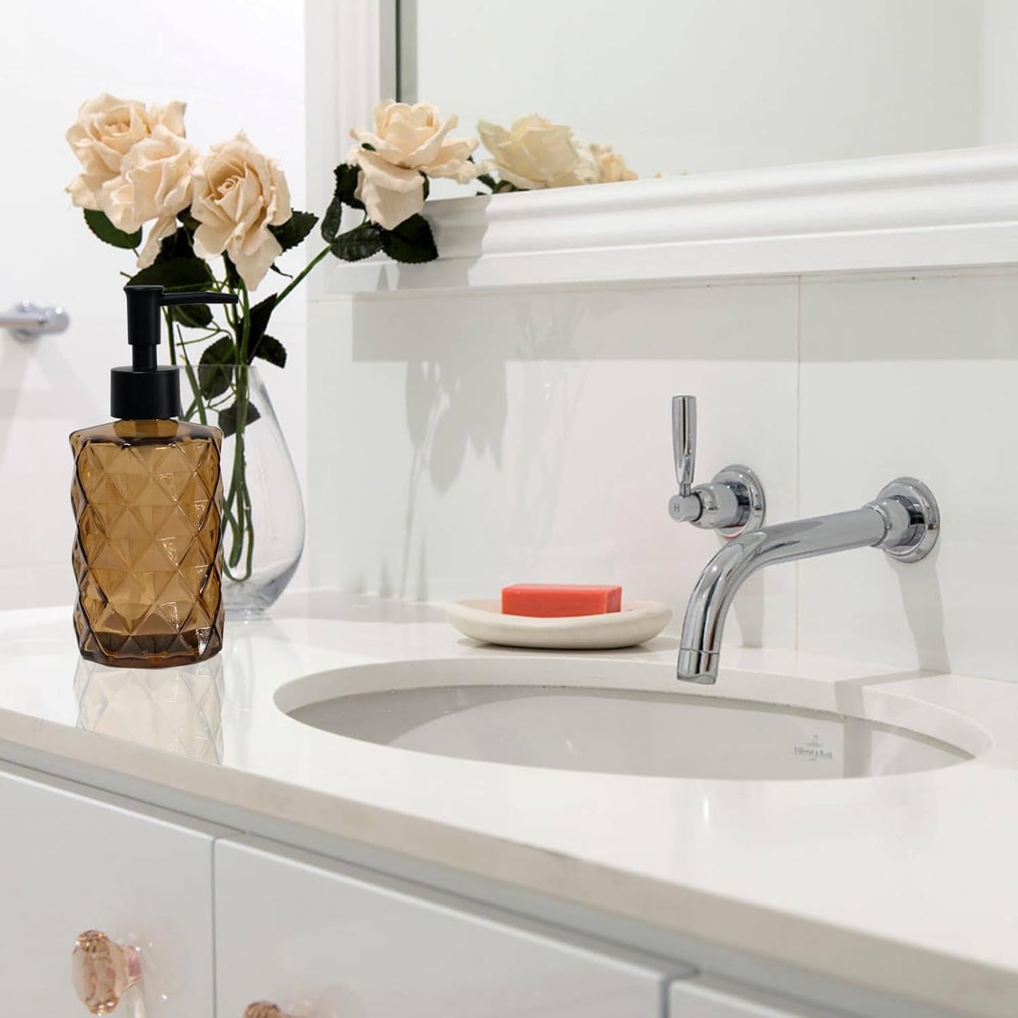 Brown Bathroom Soap Dispenser with Black Plastic Pump, 12oz Glass Lotion Dispenser, Crystal Hand Soap Dispenser for Modern Home Decor, Kitchen Countertop, Hotel