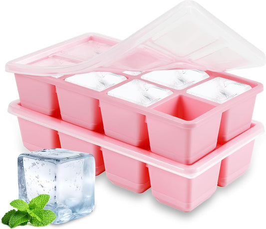 Large Ice Cube Trays, JRISBO 2 Pack Reusable Silicone Ice Cube Molds with Lid for Freezer, Easy Release 16 Big Square Ice Trays for Whisky Cocktails
