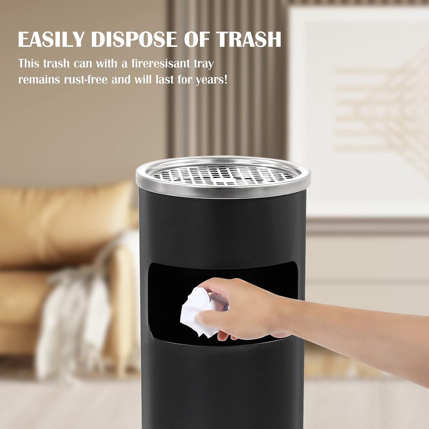 Trash Can Outdoor Waste Container Round Stainless Steel Trash Can with Removable Inner Bucket for Disposal Commercial Waste Container 9.8 x 24-Black