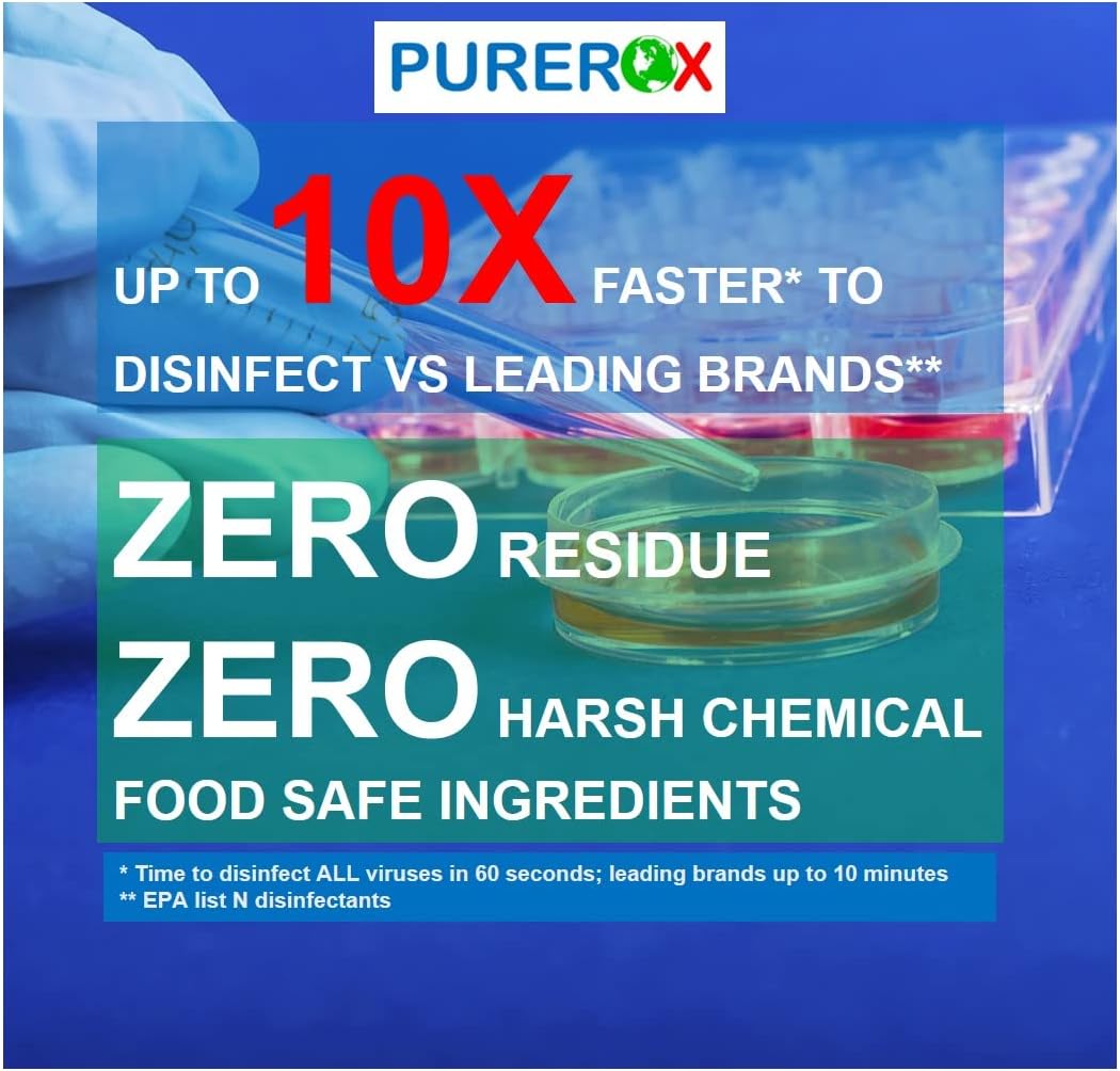 disinfectant (1 gallon) Eliminate 99.9999% viruses, Norovirus, HIV, MRSA and fungi. PUREROX Hypochlorous technology. Hospital Grade. Use Anywhere. No residue.No Rinse. Suitable All Surfaces