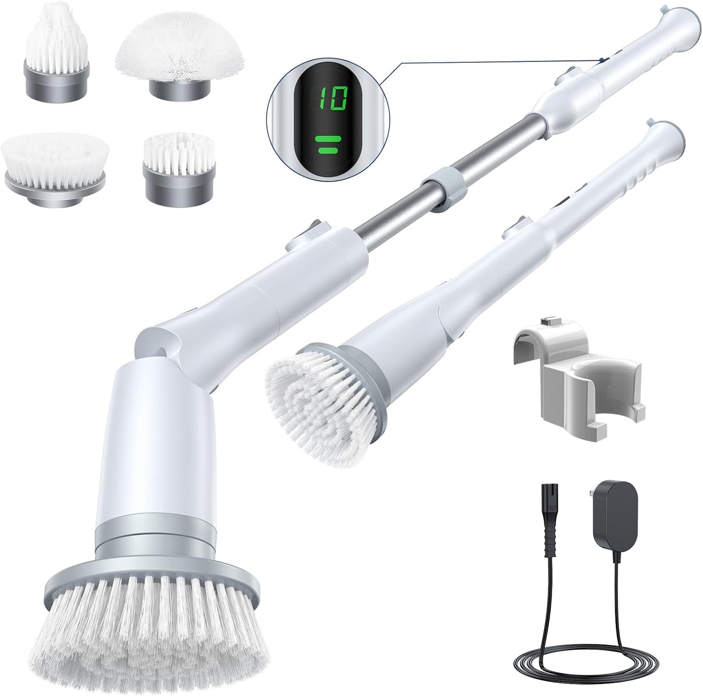 LABIGO Electric Spin Scrubber LA2 Pro, Shower Power Cleaning Brush with Display and 4 Replaceable Heads,2 Adjustable speeds, 3 Extension Handle, for Bathroom Floor Tile