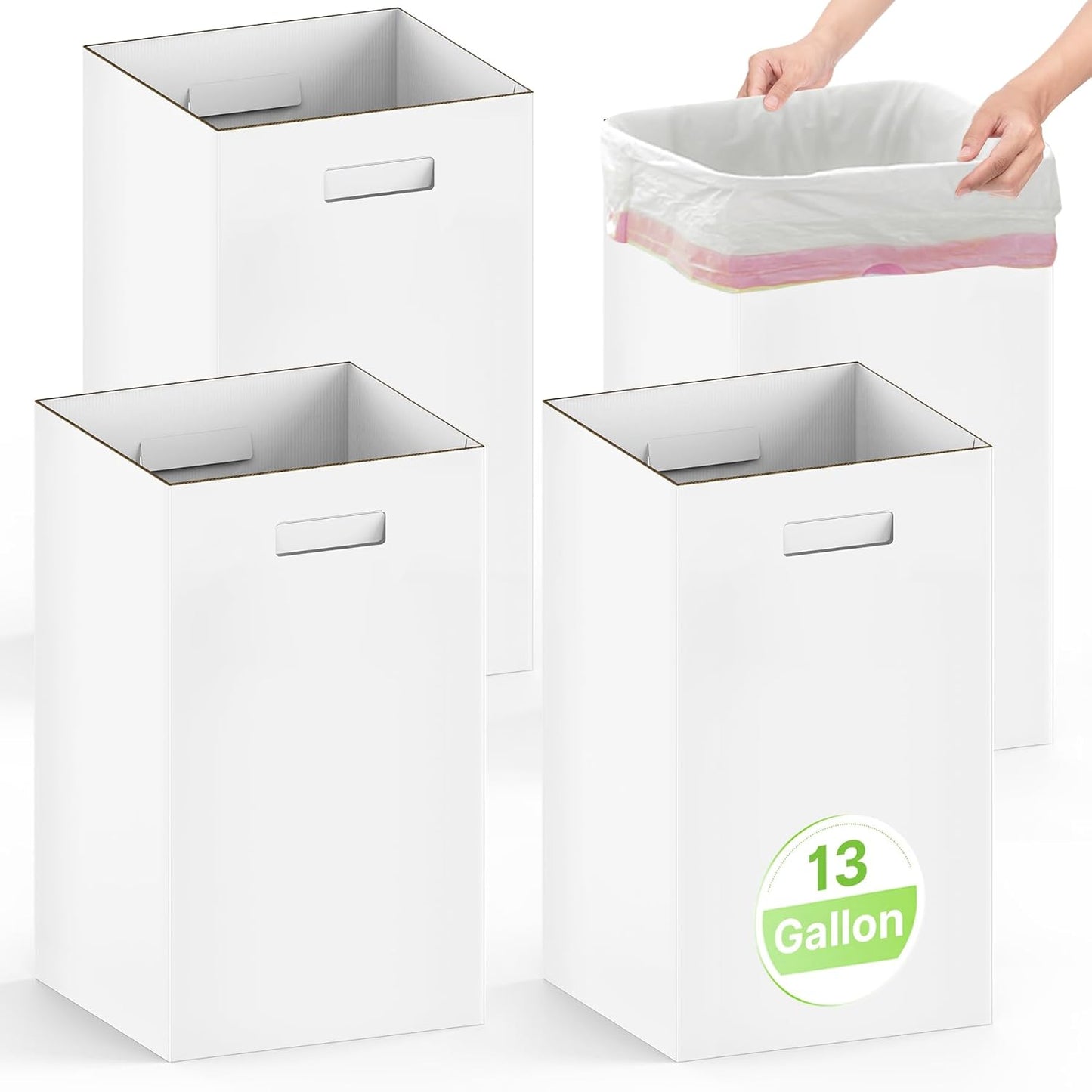 Extra Strong Corrugated Cardboard Portable Garbage Can, 4 Pack Reuseable and Disposeable Extra Large Trash Cans, 13 Gallon (21.6" H x 13.5" W x 10" D), Recycled Garbage Can and Recycling Bins, White