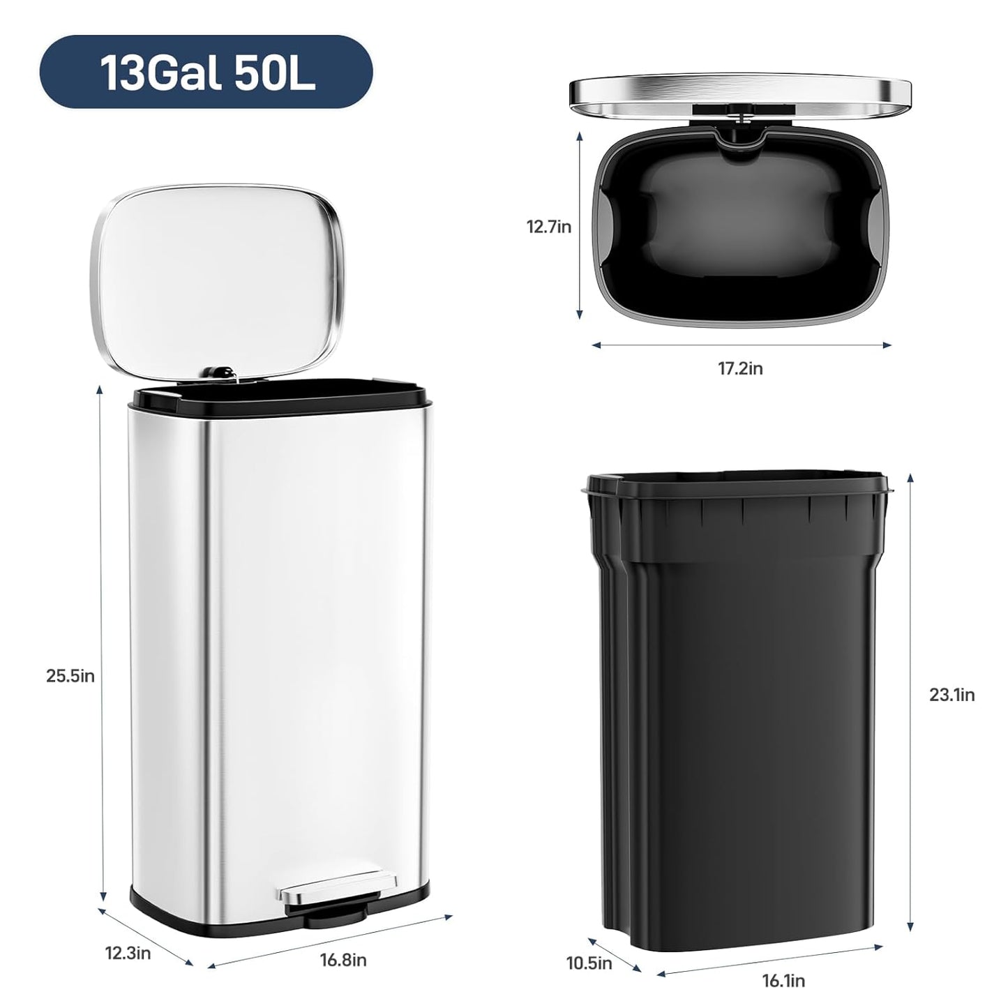 Arlopu 13.2 Gallon Step Trash Can, Stainless Steel Garbage Bin, Soft-Close Rubbish Bin with Removable Plastic Inner Bucket, Fingerprint-Proof, Lid Dustbin, Suit for Kitchen Home (Silver, 50L)