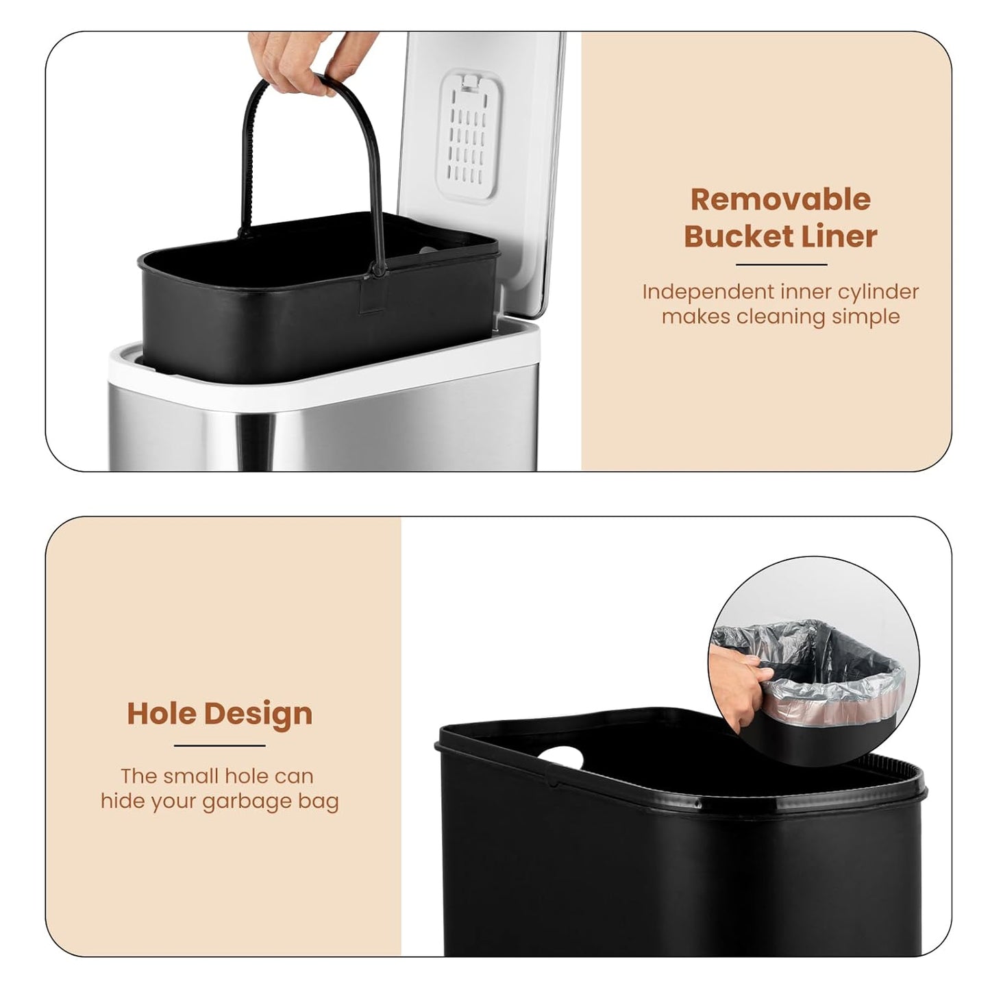 BETHEBEST 4 Gallon/15 Liter Trash Can with Soft Close Lid,Stainless Steel Garbage Can with Removable Inner Bucket,Step Pedal Trash Can for Bathroom,Bedroom,Kitchen