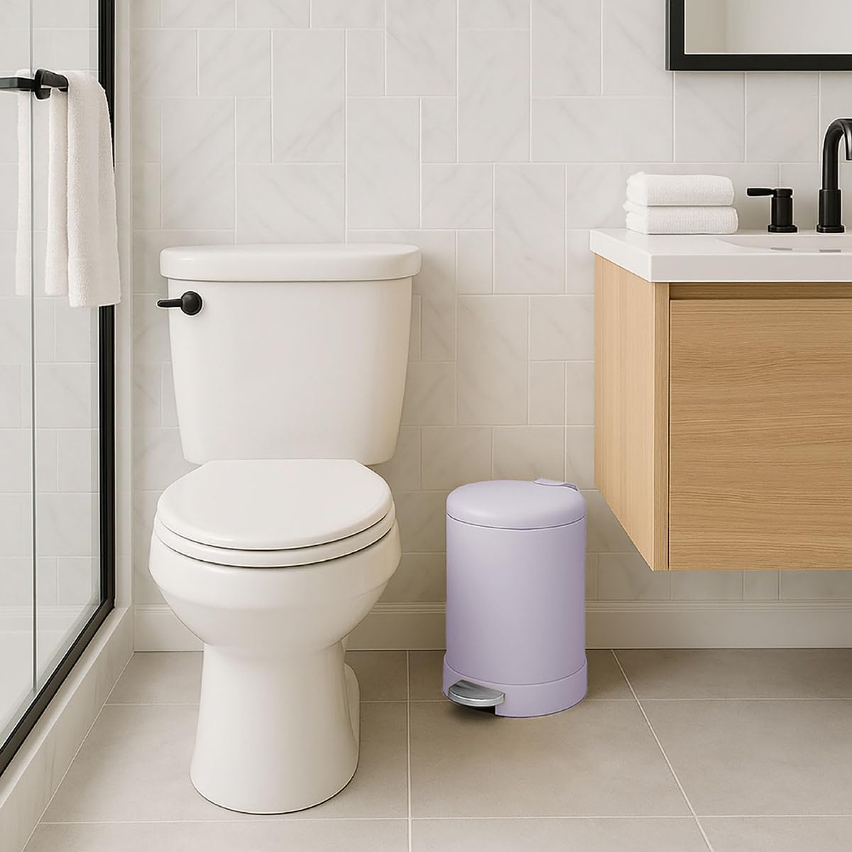 Glad Small Trash Can, 1.2 Gallon | Round Stainless Steel Garbage Bin with Soft Close Lid & Step Foot Pedal | Metal Waste Basket with Removable Inner Bucket, Lavender