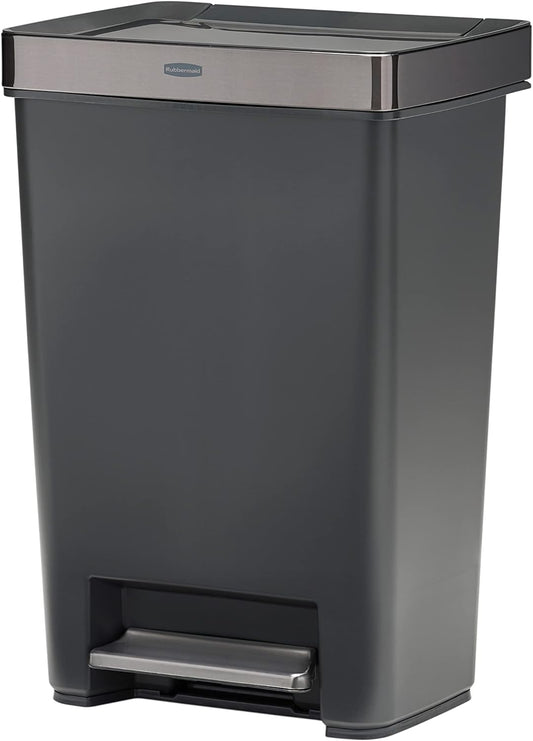 Rubbermaid Premier Series IV Step-On Trash Can for Home and Kitchen, 12.4 Gallon, Stainless Steel Lid Charcoal, for Home/Kitchen/Garage/Apartment/Office