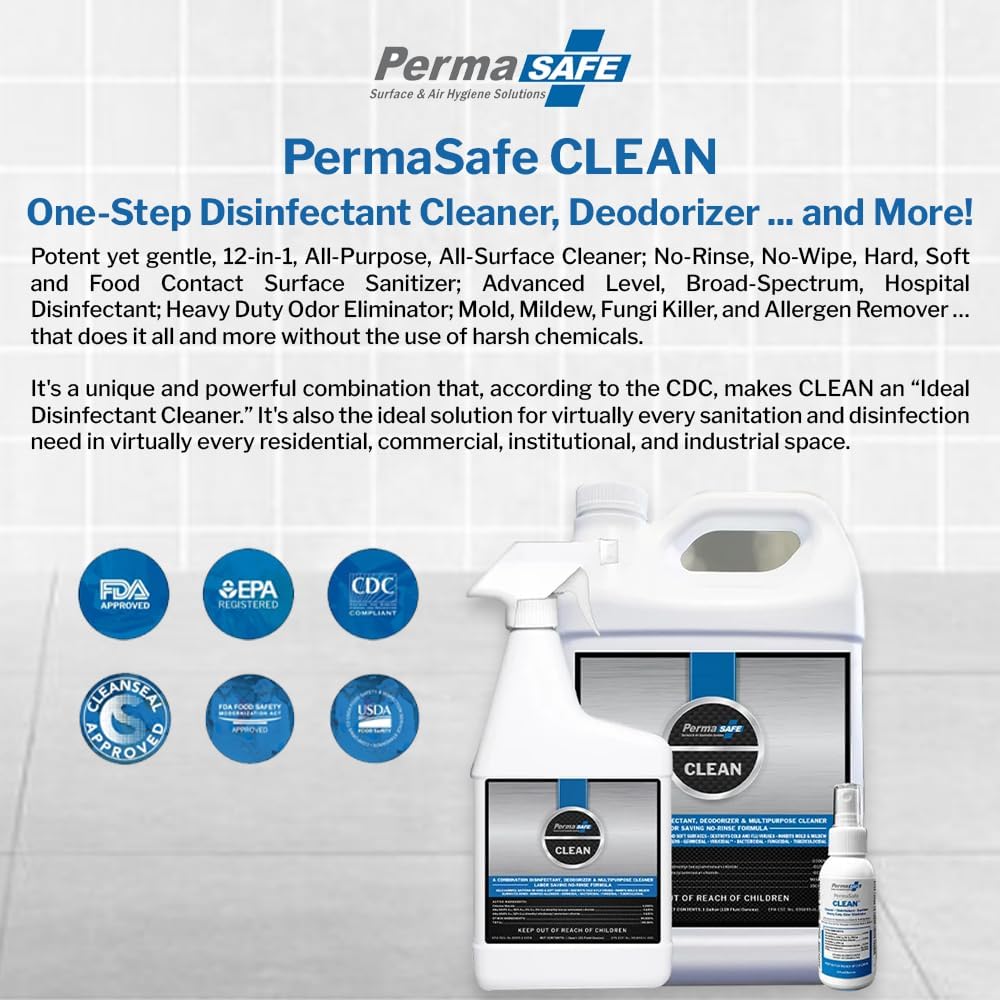 PermaSafe CLEAN, All-Purpose Hospital Disinfectant Cleaner; No Rinse, Hard, Soft & Food Contact Surface Sanitizer; Mold, Mildew and Fungi Killer; Odor Eliminator; Allergen Remover & More (128 Fl Oz)