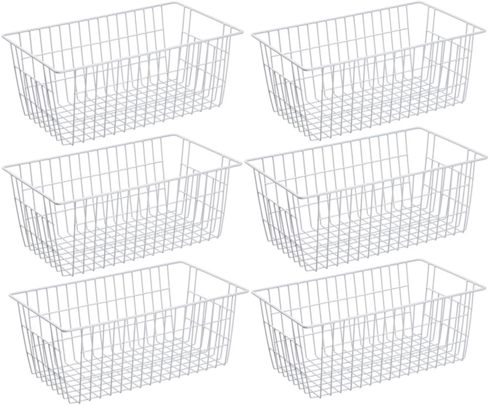 SANNO Wire Metal Baskets Freezer Baskets Farmhouse Organizer Storage Bins Large Organizer Bins for Shelf Storage, Office, Bathroom, Pantry Organization Storage Bins Rack with Handles-Set of 6
