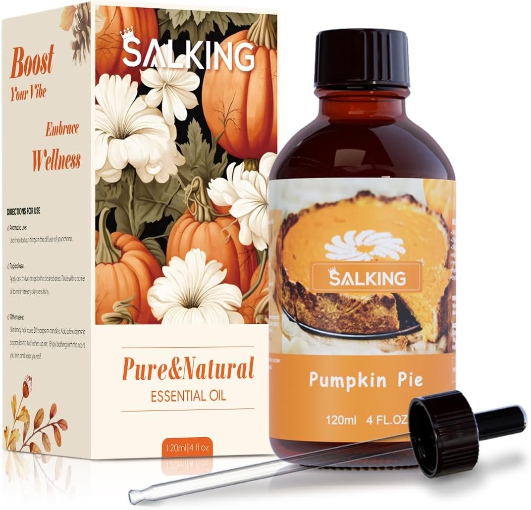 SALKING Pumpkin Pie Fragrance Oil, 120ml (4 Fl Oz) Premium Essential Oils for Diffuser, Candle Scents for Candle Making, Soap Making Supplies, Autumn Scented Diffuser Oil, Halloween Thanksgiving Gift