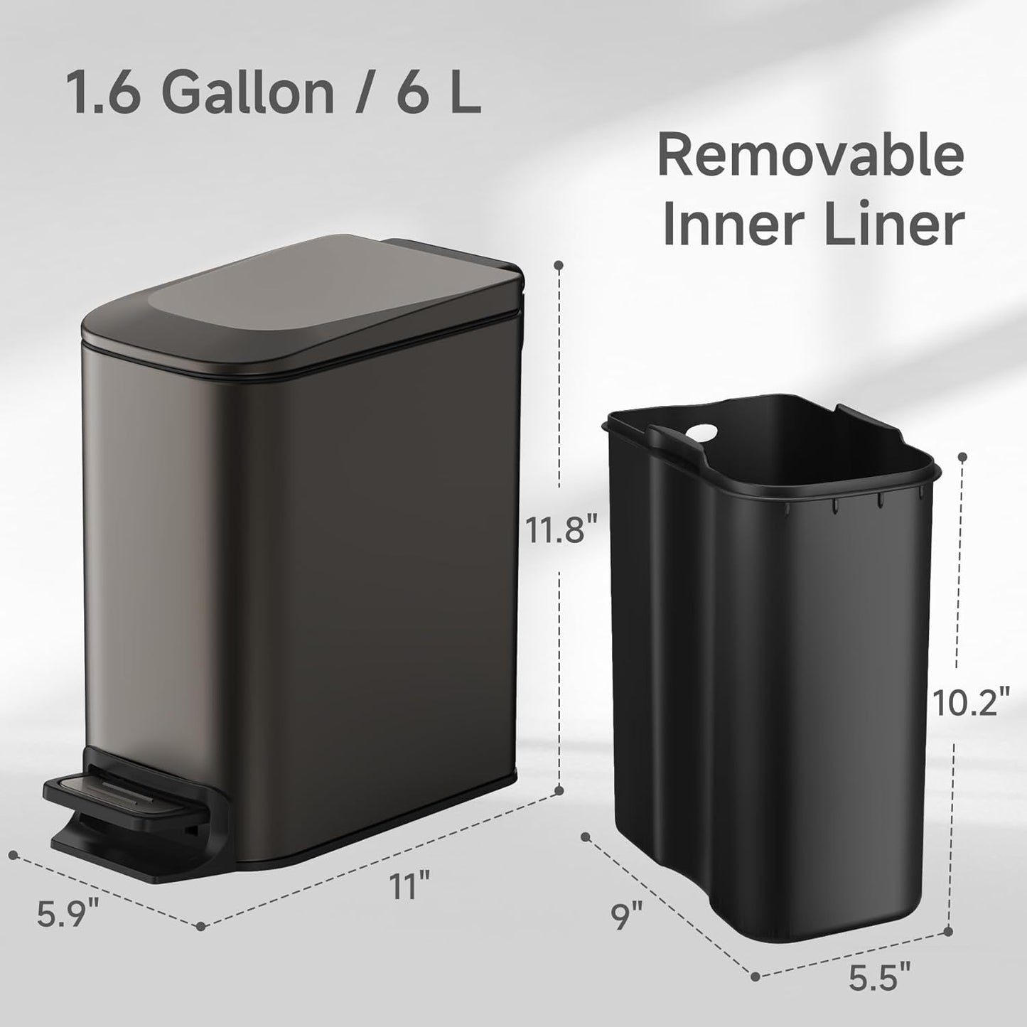 TIPGO Slim Bathroom Trash Can with Lid Soft Close, 6 Liter / 1.6 Gallon Stainless Steel Garbage Can with Removable Inner Bucket, Step Pedal, Small Trash Cans for Bedroom, Office, Kitchen (Black Gold)