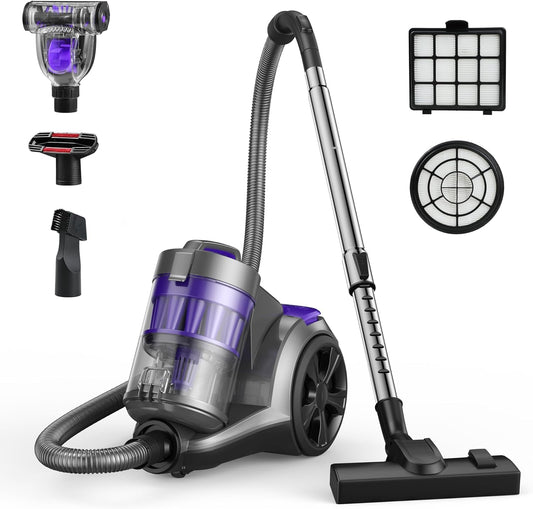 Aspiron 1700W Canister Vacuum Cleaner, 32Kpa Bagless Vacuum Cleaner, Multi-Cyclonic Filtration, 2 Anti-Allergen HEPA Filters, 3.5QT Dust Cup, 4 Tools, Corded Vacuum for Hard Floor, Pet Hair, Lavender