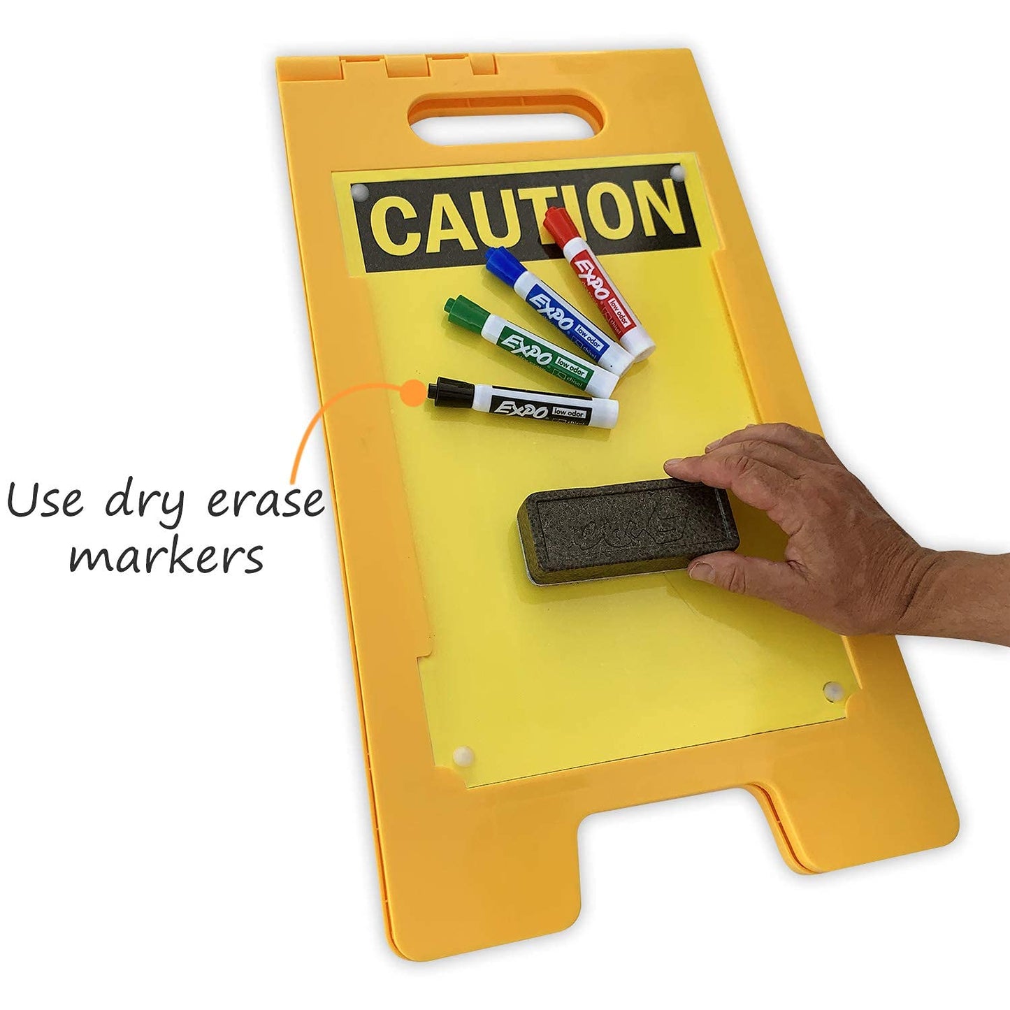 SmartSign - SF-0127-FB-25x12-DE Caution Blank Write-On Folding Floor Sign With Dry Erase Finish By | 25" x 12" Plastic