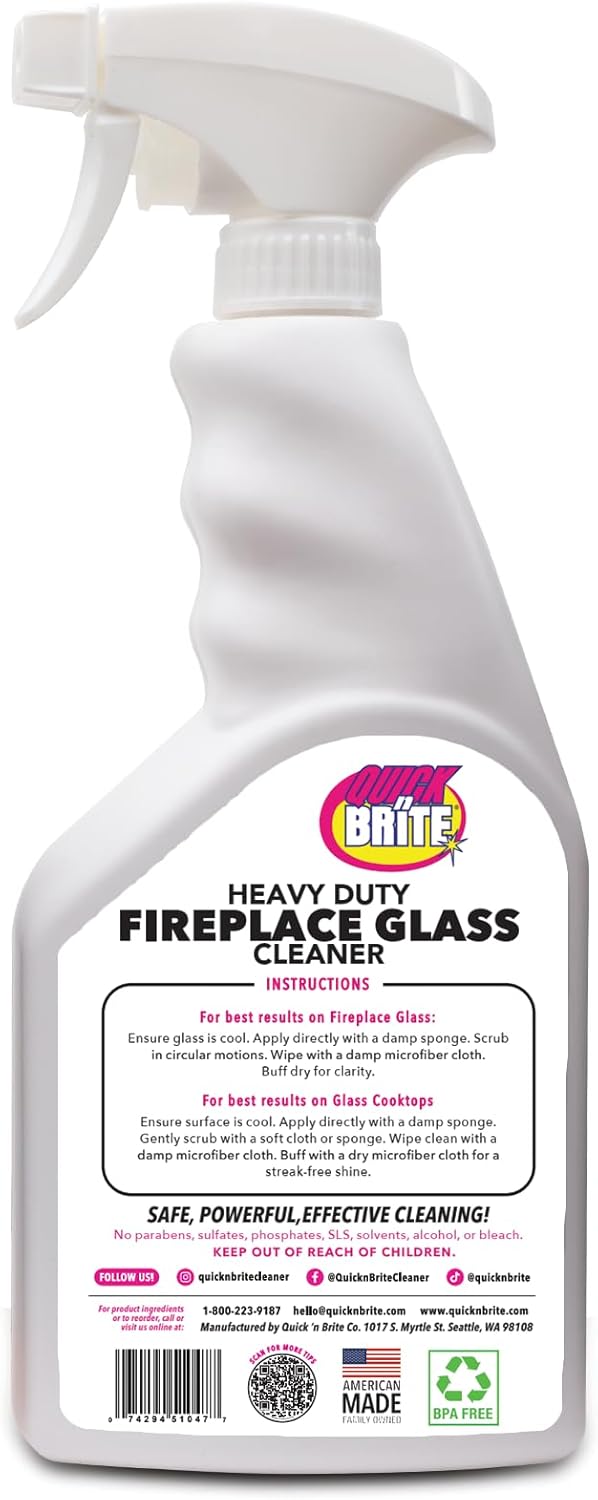 Quick N Brite Fireplace Glass Cleaner 24oz, Nonabrasive Cleaning Spray for Fireplace Glass, Oven Glass, Glass Cooktops, Ceramic-Glass, Microwave Glass (Pack of 2)
