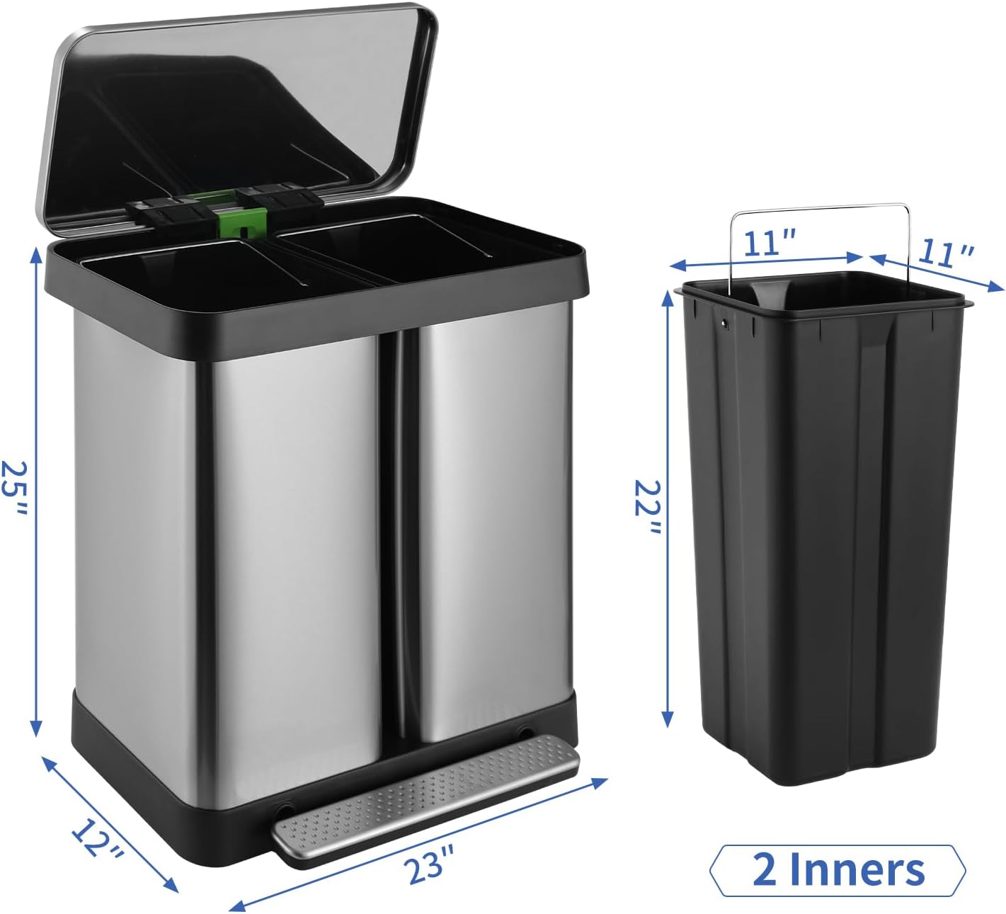 16 Gallon Dual Compartment Trash Can, Hands-Free Recycling Rectangular Garbage Bin, Stainless Steel Step-On Dustbin with Soft-Close Lid, Removable Inner Buckets, for Kitchen Home