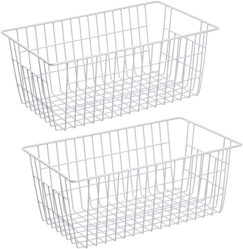SANNO Freezer Baskets Wire Storage Baskets Closet Baskets Bin Farmhouse Organizer Storage Bins Organization Storage for Home, Office, Bathroom, Pantry -Set of 2, 15.7" White-2P