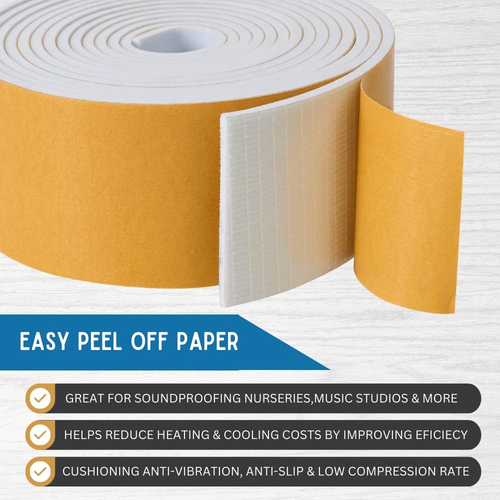 High Density Foam Weather Stripping Door Seal Strip Insulation Tape Roll for Insulating Door Frame, Window, Air Conditioner | Self Adhesive Sealing Weatherstrip (3 in x 1/16 in x 10 Ft, White)