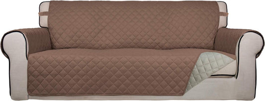 PureFit Reversible Quilted Sofa Cover, Water Resistant Slipcover Furniture Protector, Washable Couch Cover with Non Slip Foam and Elastic Straps for Kids, Pets (X Large, Brown/Beige)