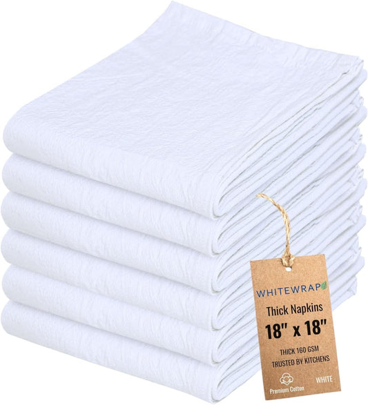 WHITEWRAP Flour Sack Towels 100% Cotton Dish Towel Reusable Baking Cloth for Bread Dough, Baguettes, Ciabatta, Machine Washable, Kitchen Towels for Cleaning – Set of 6 (18"x18") - White
