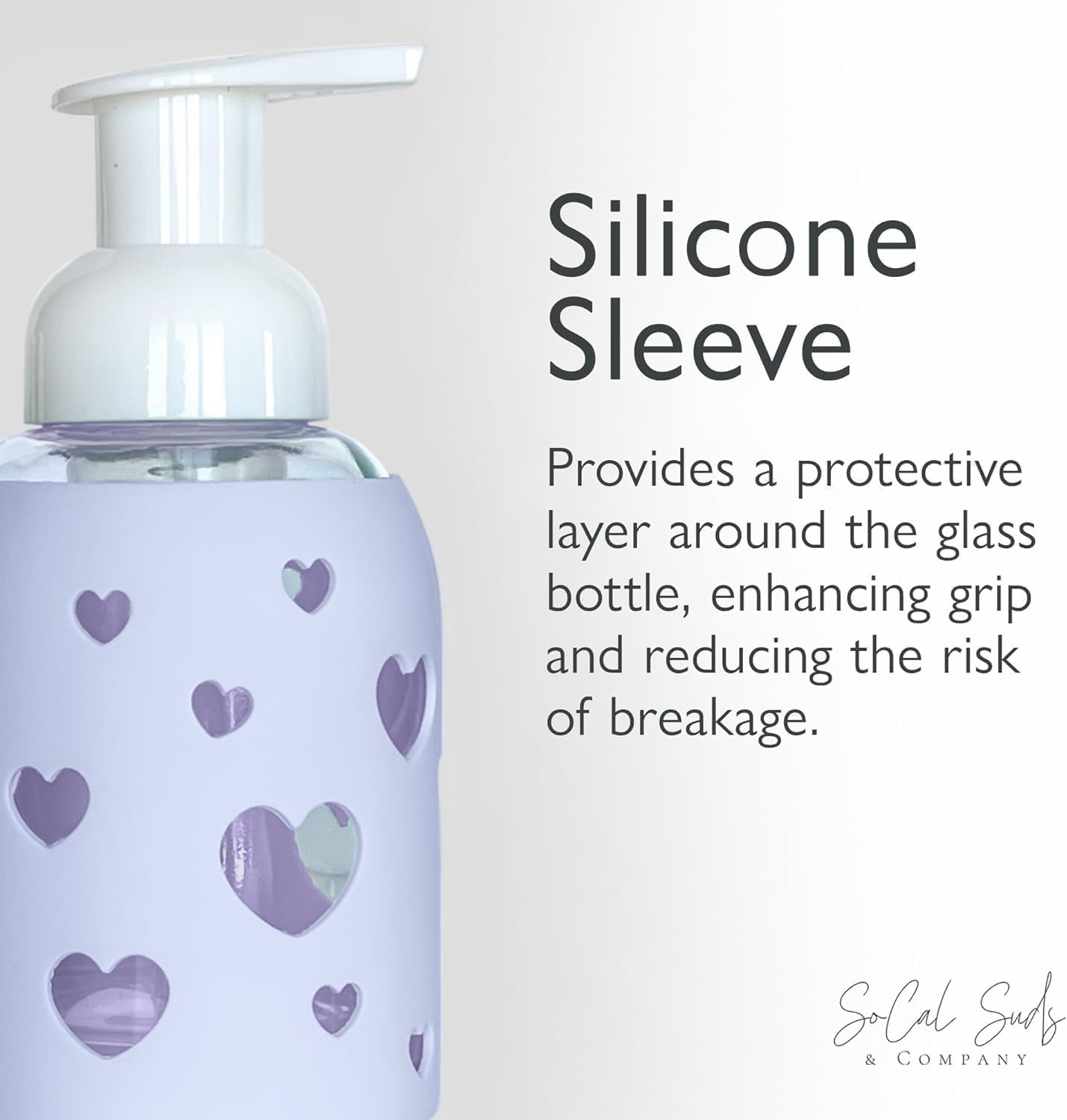SoCal Suds & Company Glass Foaming Hand Soap Dispenser, Heart Silicone Sleeve, Refillable Pump Bottle for Kids, Baby Wash & Shampoo, Ideal for Home Use, Soft Purple 8oz