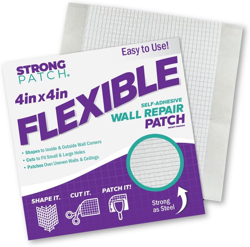 StrongPatch® 4 in. x 4 in. Flexible Self-Adhesive Wall Repair Patch (3-Pack) – Versatile, Cut-to-Fit, Easy Application for Holes, Cracks, and Corners