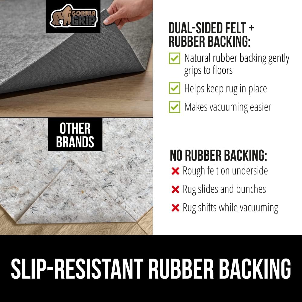 GORILLA GRIP Felt and Natural Rubber Stay in Place Slip Resistant Rug Pad, 1/4in Thick, 5x7 FT Protective Padding Under Area Rugs, Cushioned Gripper Pads, Carpet Runners, Hardwood Floors Protection