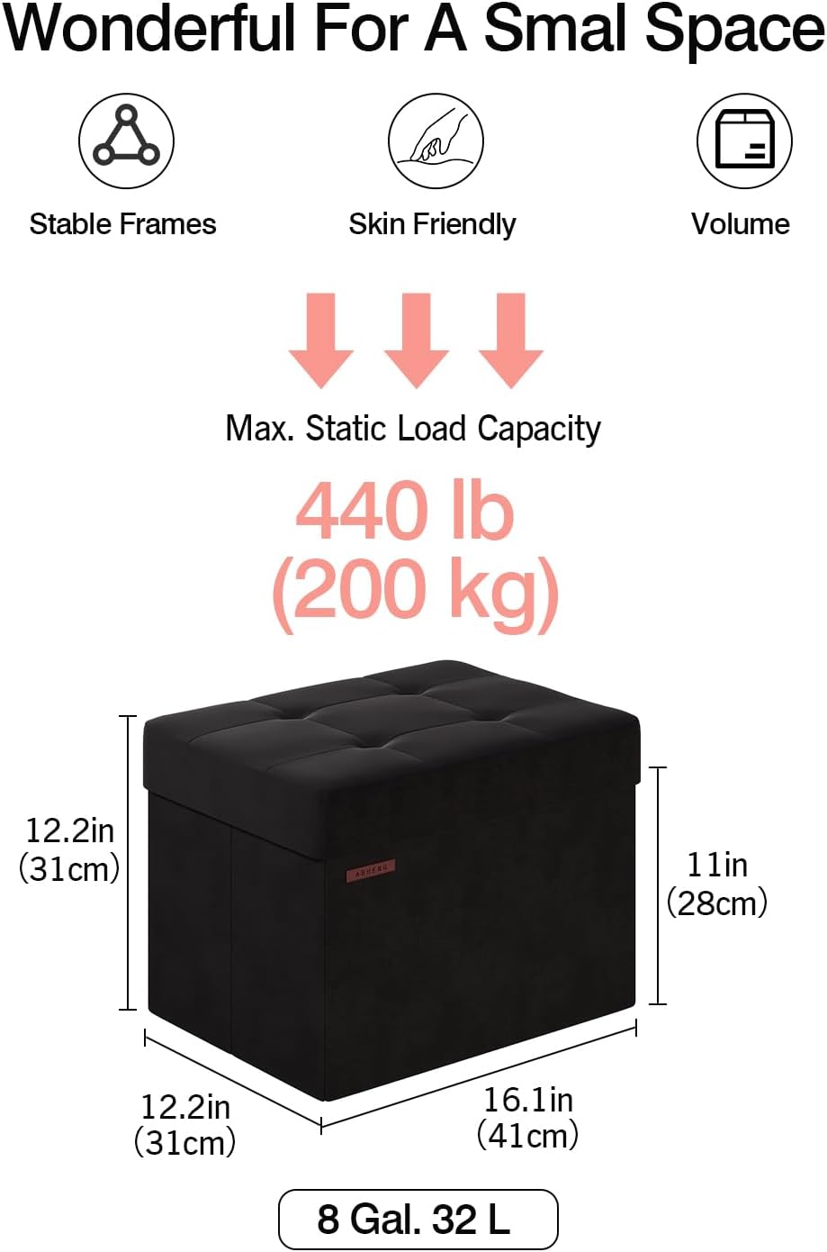 Folding Storage Ottoman, Velvet Storage Bench, Footrest, Foot Stool, for Living Room, Bedroom and Office,12.2 x 16.1 x 12.2 Inches, 200 kg Load Capacity, Ink Black,UASND03B
