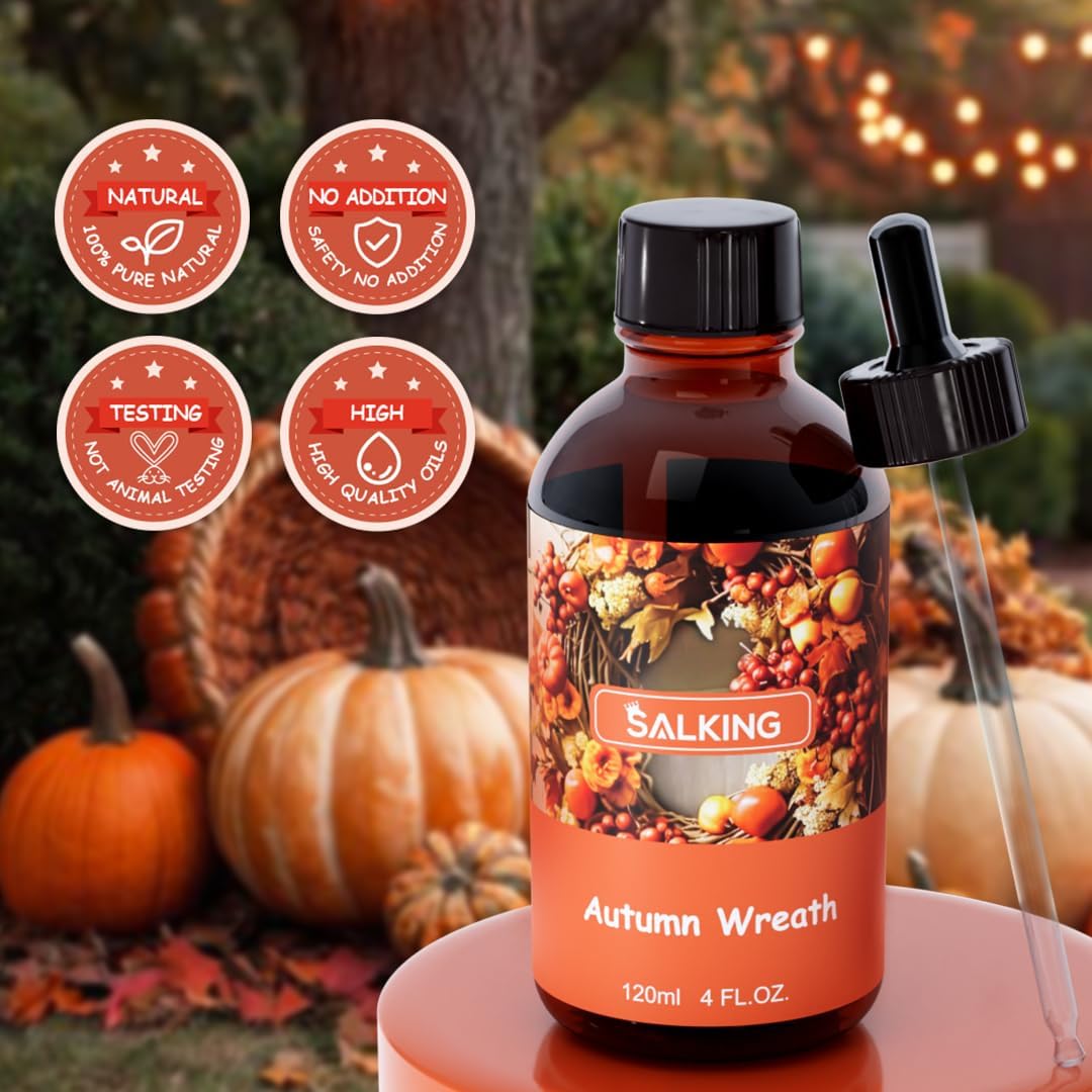 SALKING Autumn Wreath Fragrance Oil, 120ml (4 Fl Oz) Premium Essential Oils for Diffuser, Candle Scents for Candle Making, Soap Making Supplies, Autumn Diffuser Oil, Halloween Thanksgiving Gift
