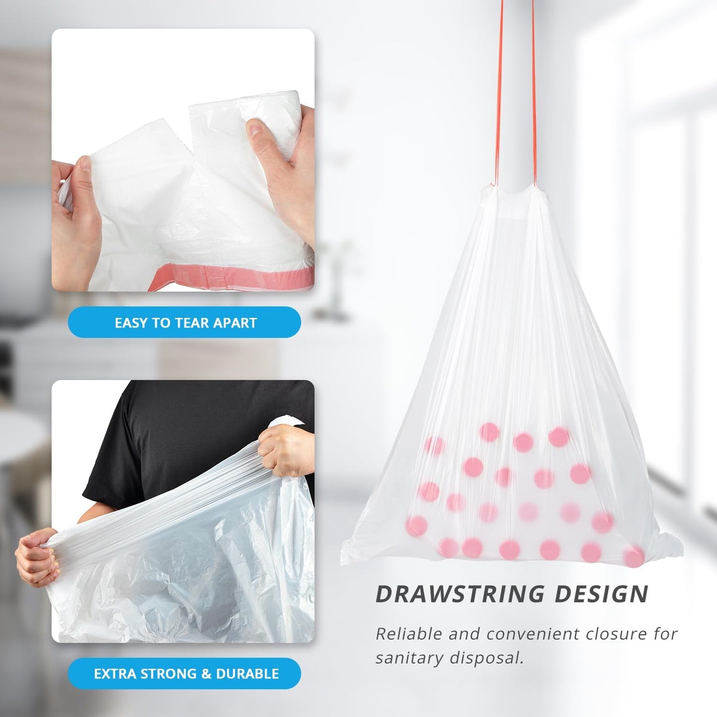 Ultra Thick Heavy Duty Plastic 15 Gallon Drawstring Trash Bags Large 80 Count White Leak Proof Garbage Bags for Tall Kitchen Home Office Outdoor