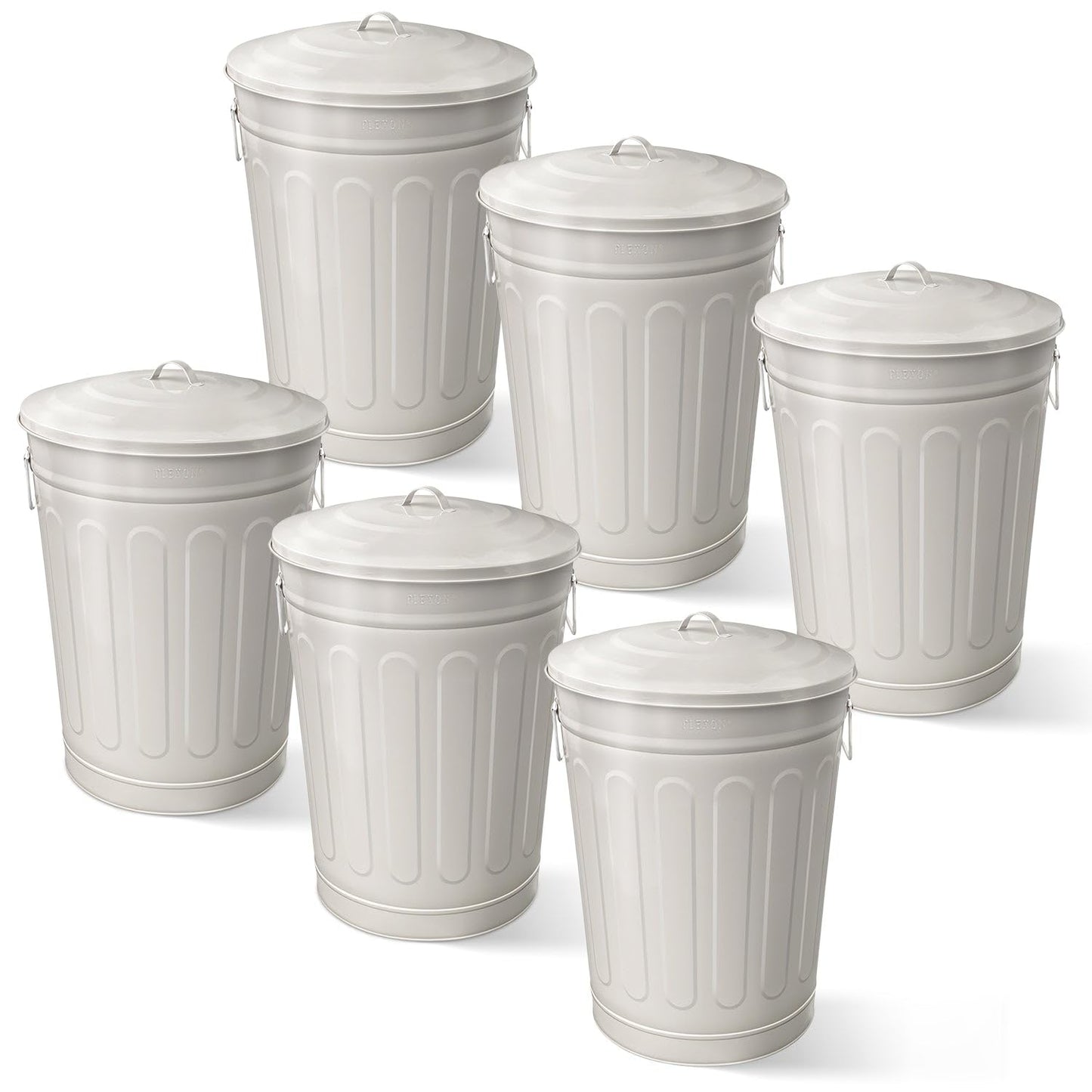 Plexon Round Trash Can 13 Gallon, Vintage Metal Outdoor Trash Can with Lid, Retro Farmhouse Garbage Container, Old School Modern Ash Bucket, Beige 6 Pack