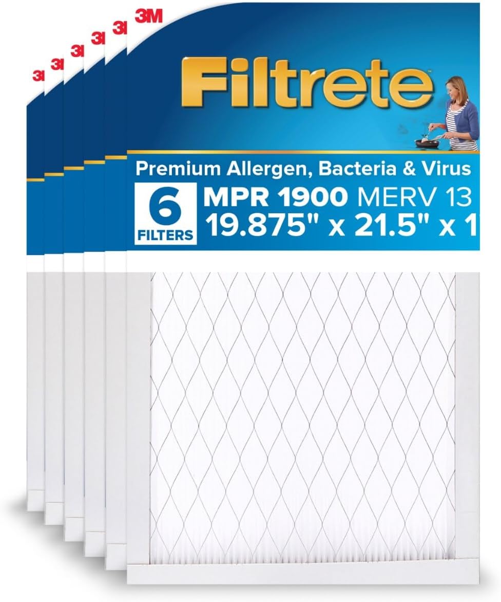 Filtrete 19.875x21x1 AC Furnace Air Filter, MERV 13, MPR 1900, Premium Allergen, Bacteria & Virus Filter, 3-Month Pleated 1-Inch Electrostatic Air Cleaning Filter, 6-Pack
