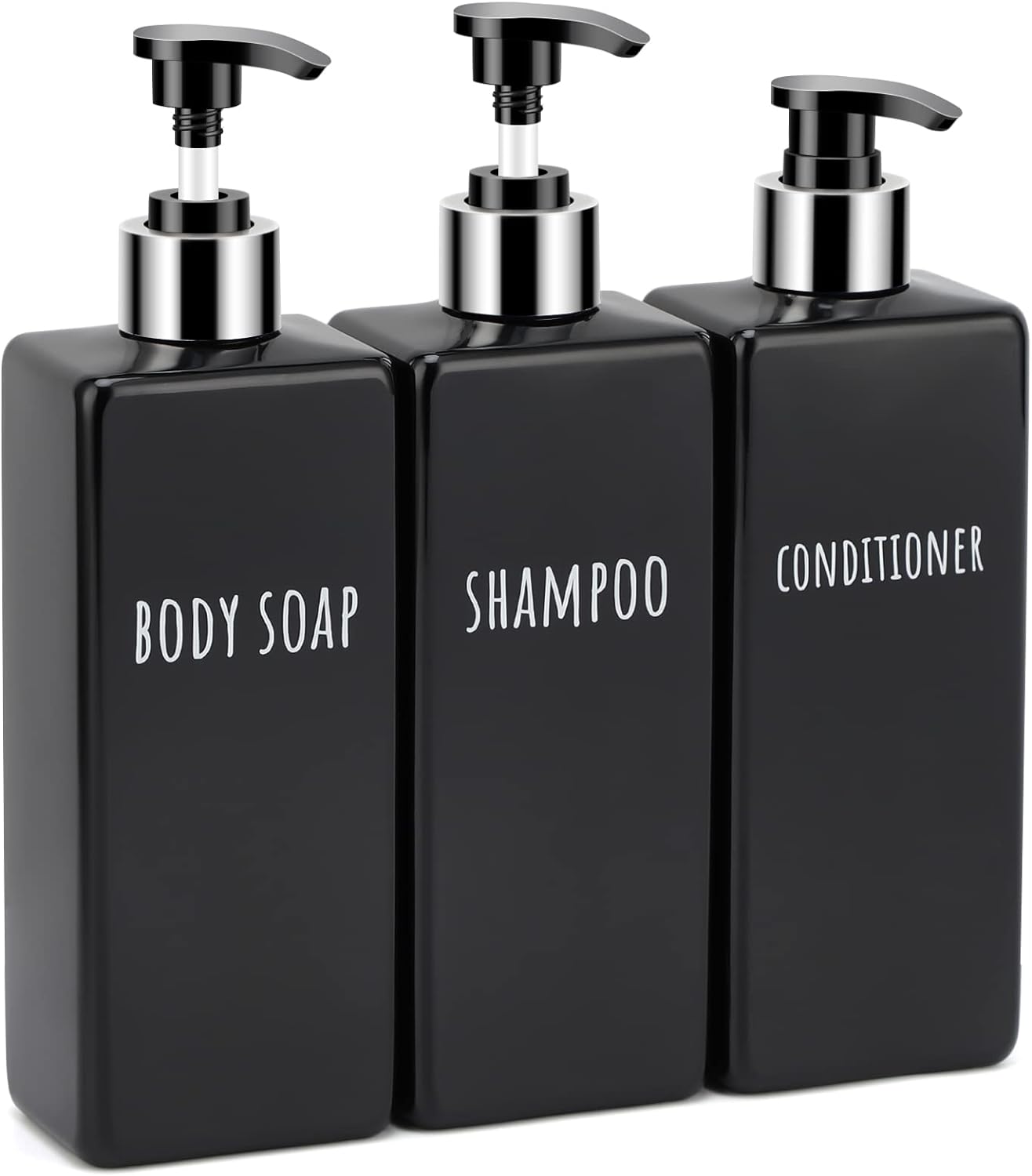 Segbeauty Shower Soap Dispenser Black, 3pcs 16.9oz Empty Refillable Bathroom Press Pump Bottles, 500ml Reusable Plastic Square Shampoo Conditioner Body Soap Dispenser Set for Modern Kitchen Home Decor