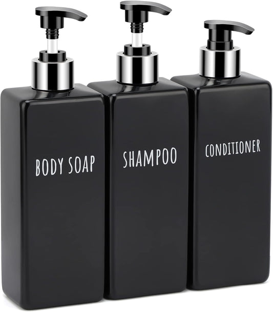Segbeauty Shower Soap Dispenser Black, 3pcs 16.9oz Empty Refillable Bathroom Press Pump Bottles, 500ml Reusable Plastic Square Shampoo Conditioner Body Soap Dispenser Set for Modern Kitchen Home Decor