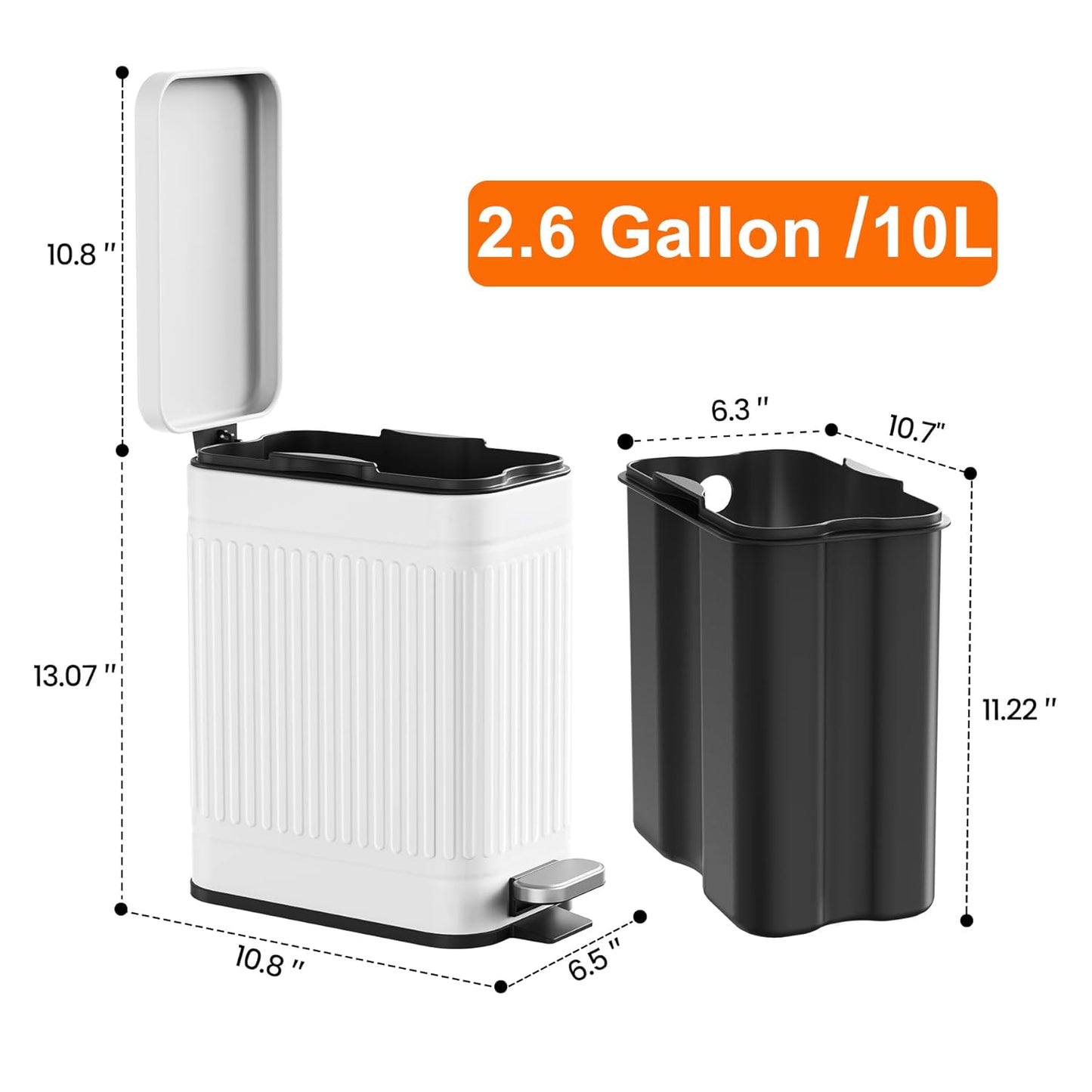 TrashAid Bathroom Trash Can with Lid, 2.6 Gallon Small Garbage Can Soft Close, Stainless Steel Step Waste Basket for Bathroom, Bedroom, Home Office, Laundry Room, Toilet, RV, White, 10 Liter