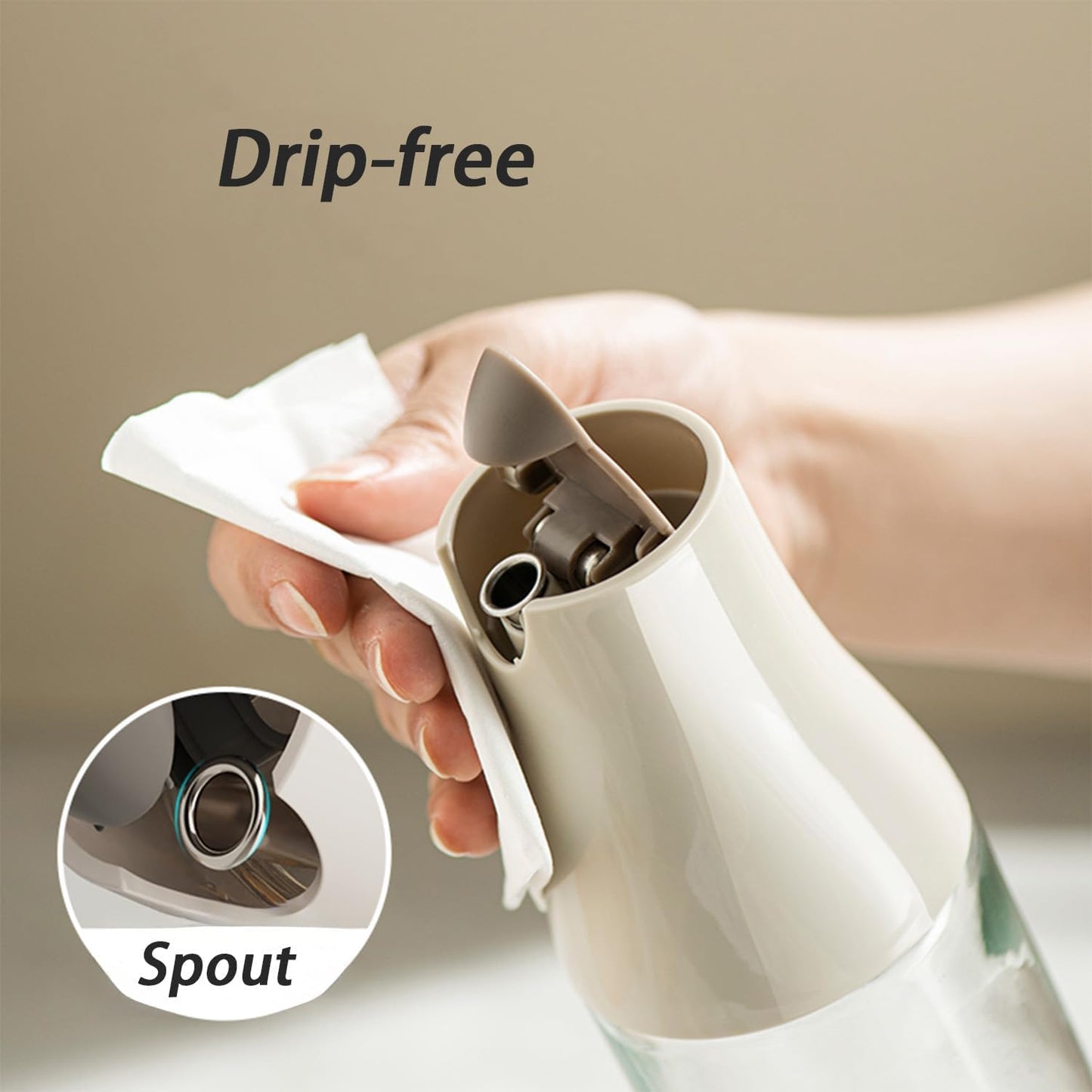 Olive Oil Dispenser Bottle, Auto Flip Non-Drip Design, Leak Proof Soy Sauce & Vinegar Dispenser, Glass Oil Bottle with 500ml Capacity, Warm Grey (1)