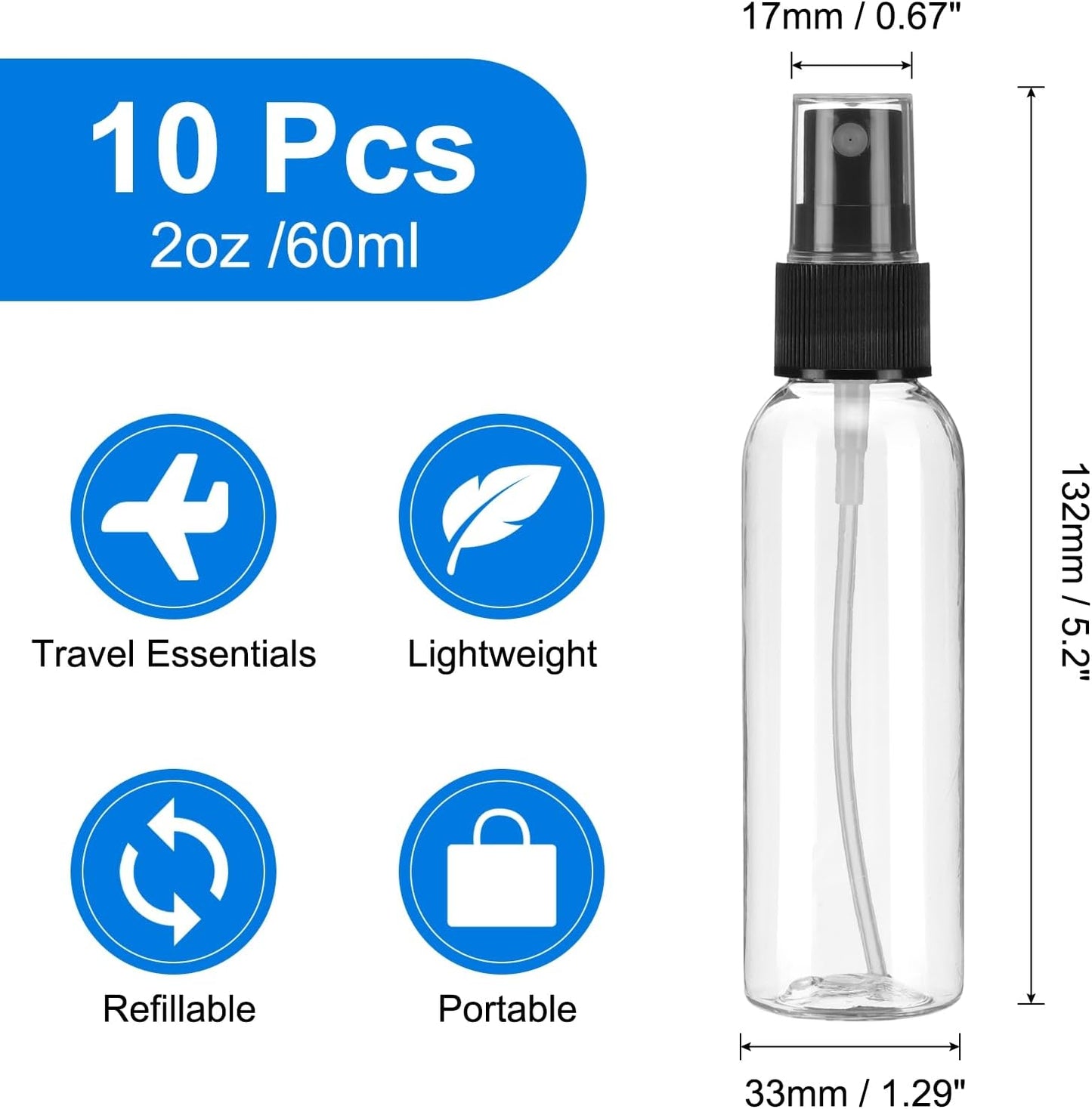 uxcell 10 Pack Spray Bottles, 2 Oz/60ML Clear Empty Mist Plastic Mini Travel Bottle Set,Small Refillable Liquid Containers for Household Use, Essential Oil, Cleaning (Transparent Black)