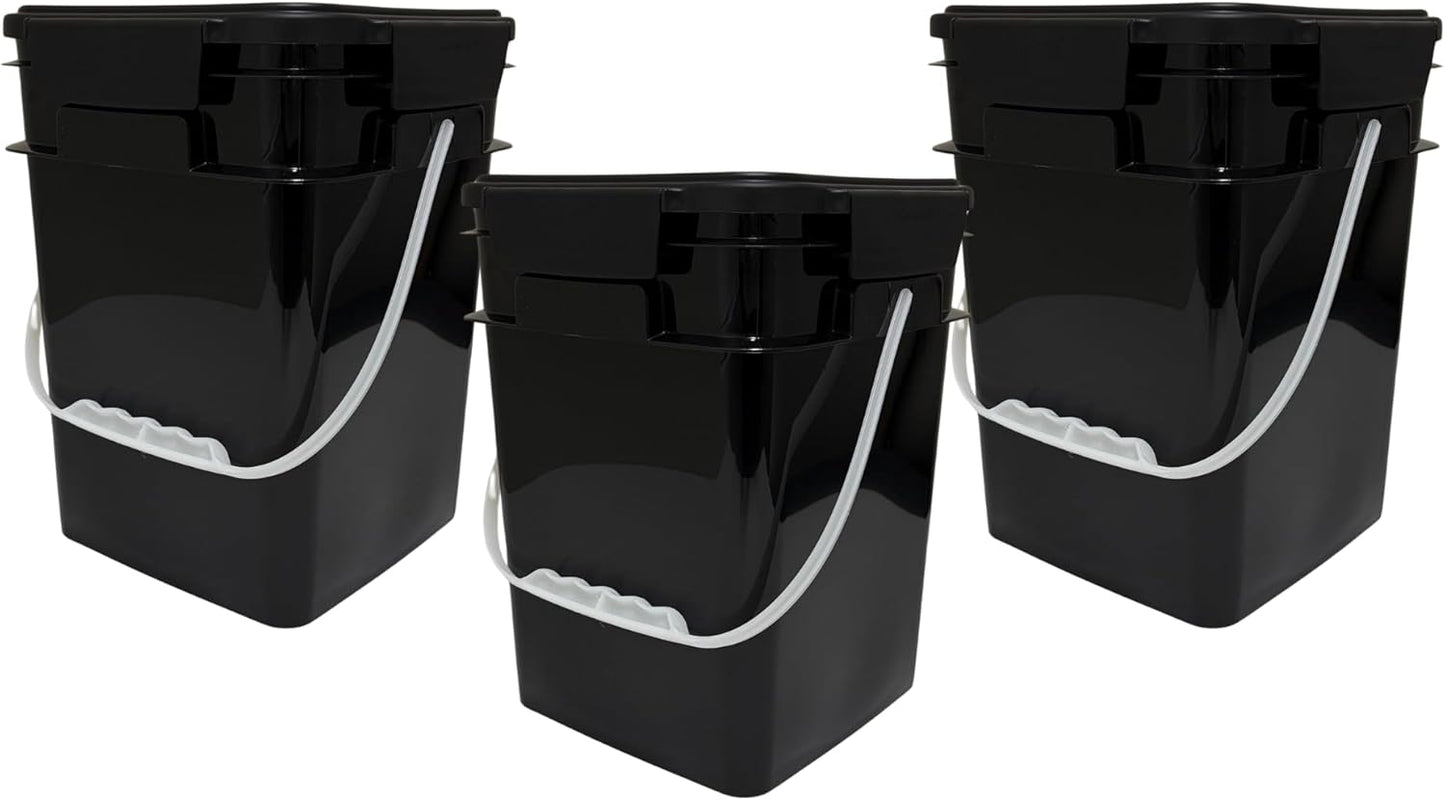 House Naturals 4 Gallon Square Food Grade Bucket Pail with Plastic Handles and Lid (Pack of 3) Made in USA containers (Black)