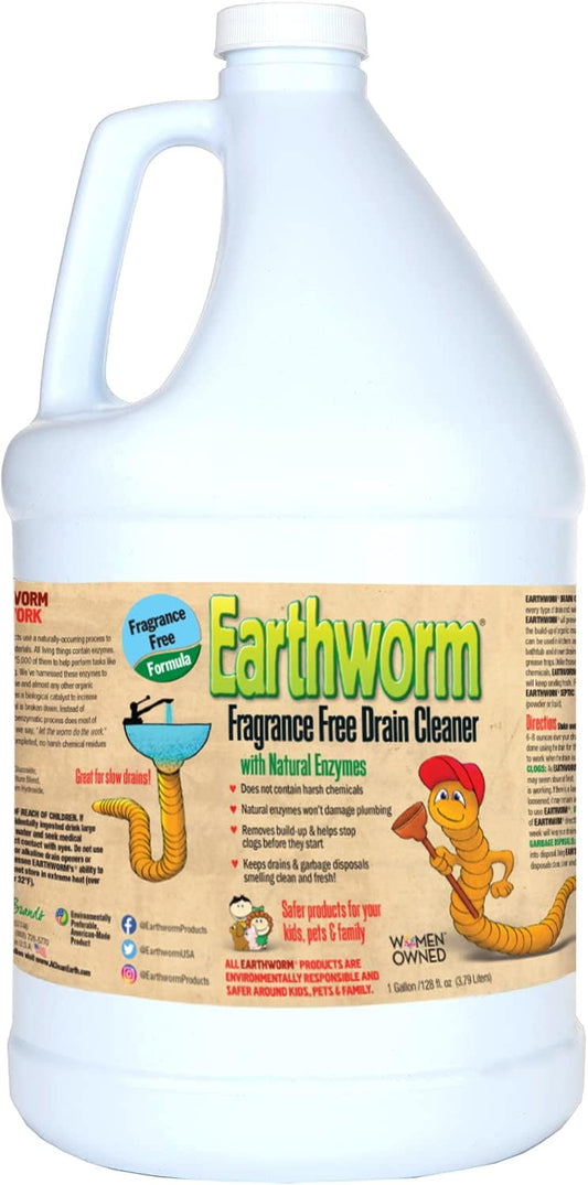 Earthworm Fragrance Free Drain Cleaner - Drain Opener - Natural Enzymes, Environmentally Responsible, Safer for Pets and Kids - 1 Gallon