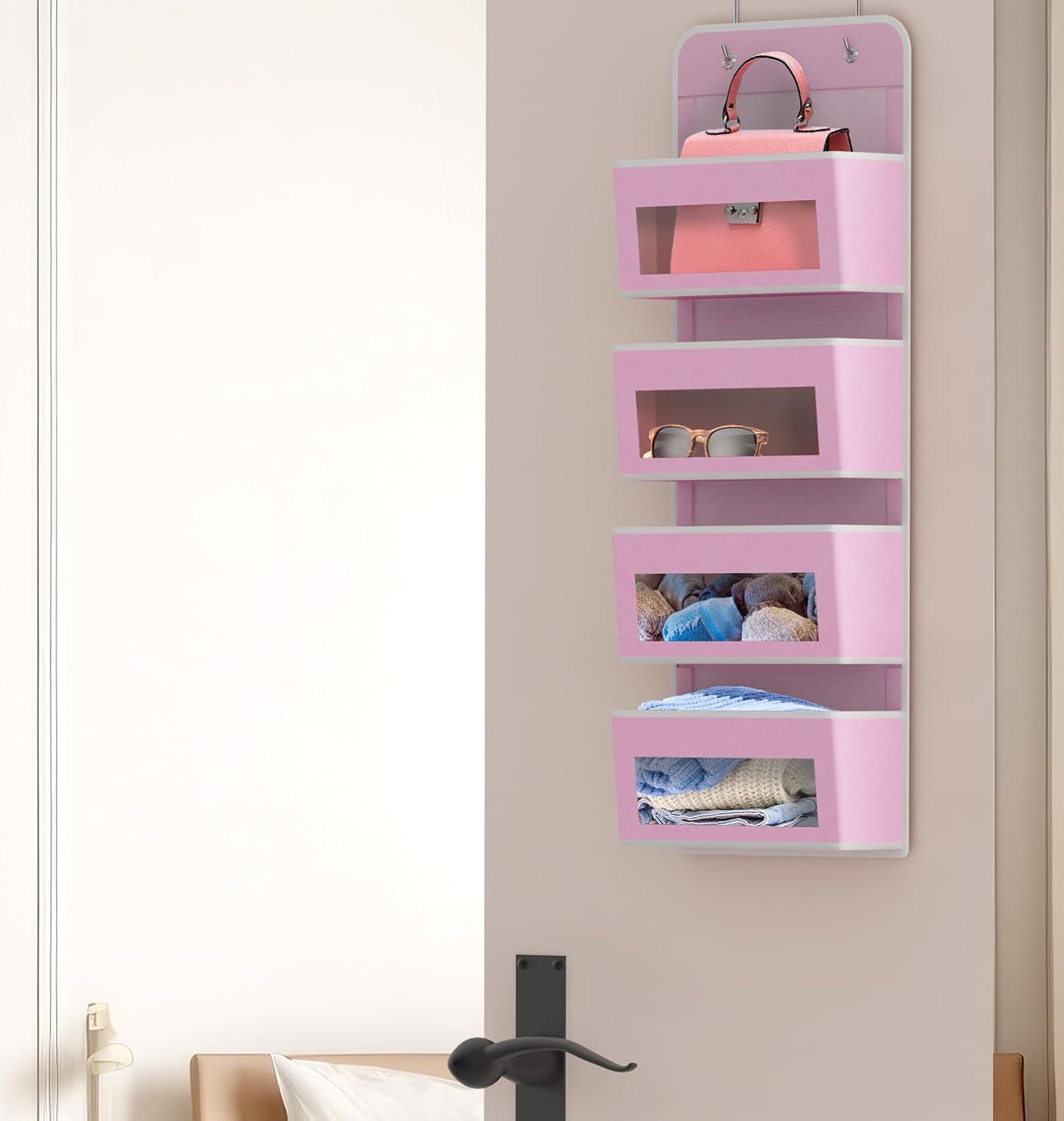 Simple Houseware 4 Clear Window Pocket Over Closet Door Storage Hanging Organizer for Bedroom, Bathroom, Pantry, Pink